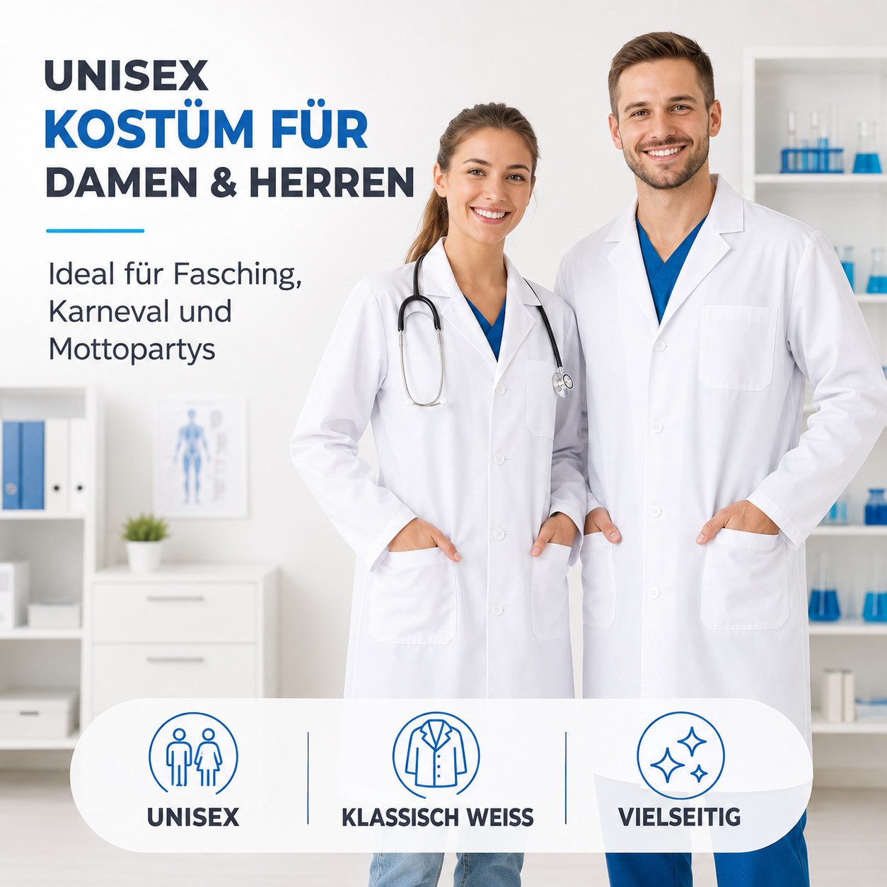 TK Gruppe Arzt-Kostüm Medizin Unisex Kostüm – Artzkittel weiss – für Fasching & Karneval