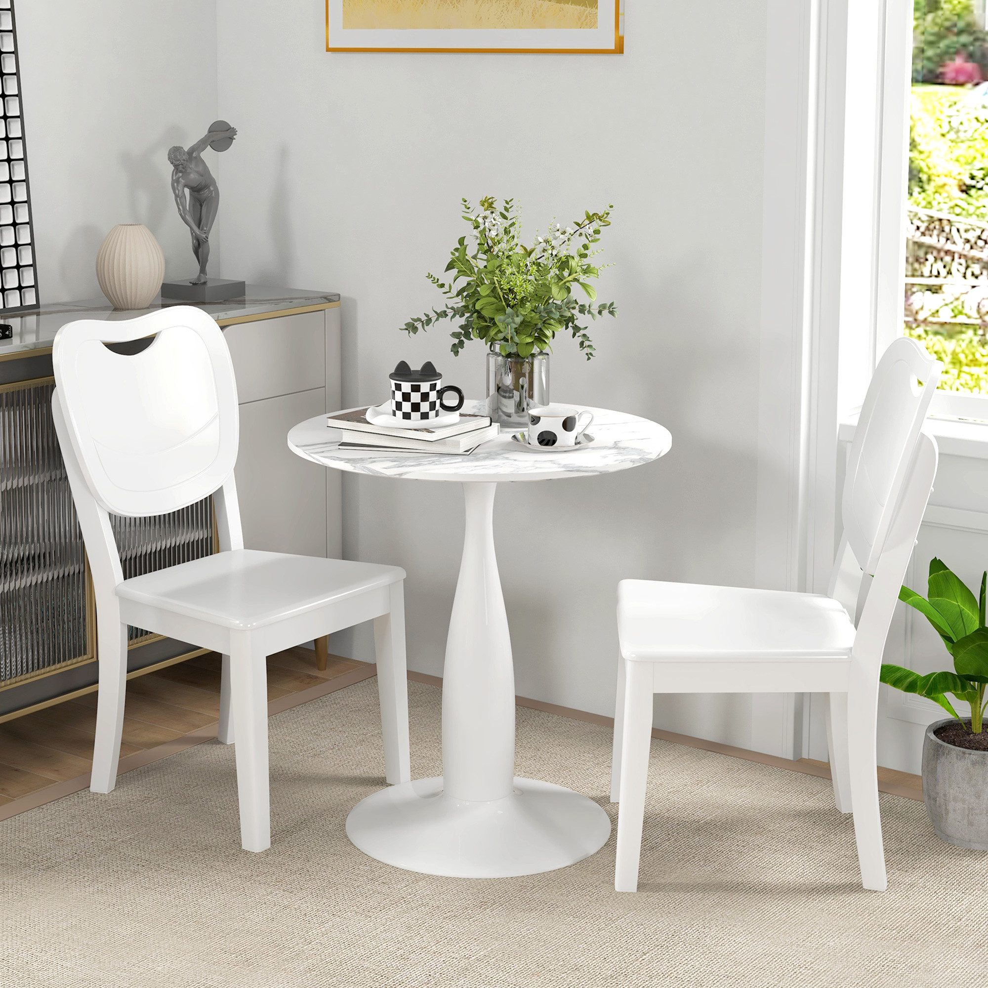HOMCOM Esstisch Kaffeetisch moderner Tisch mit Mamoroptik, Säule-Bein (Esszimmertisch, 1-St., Küchentisch), für Esszimmer, Weiß
