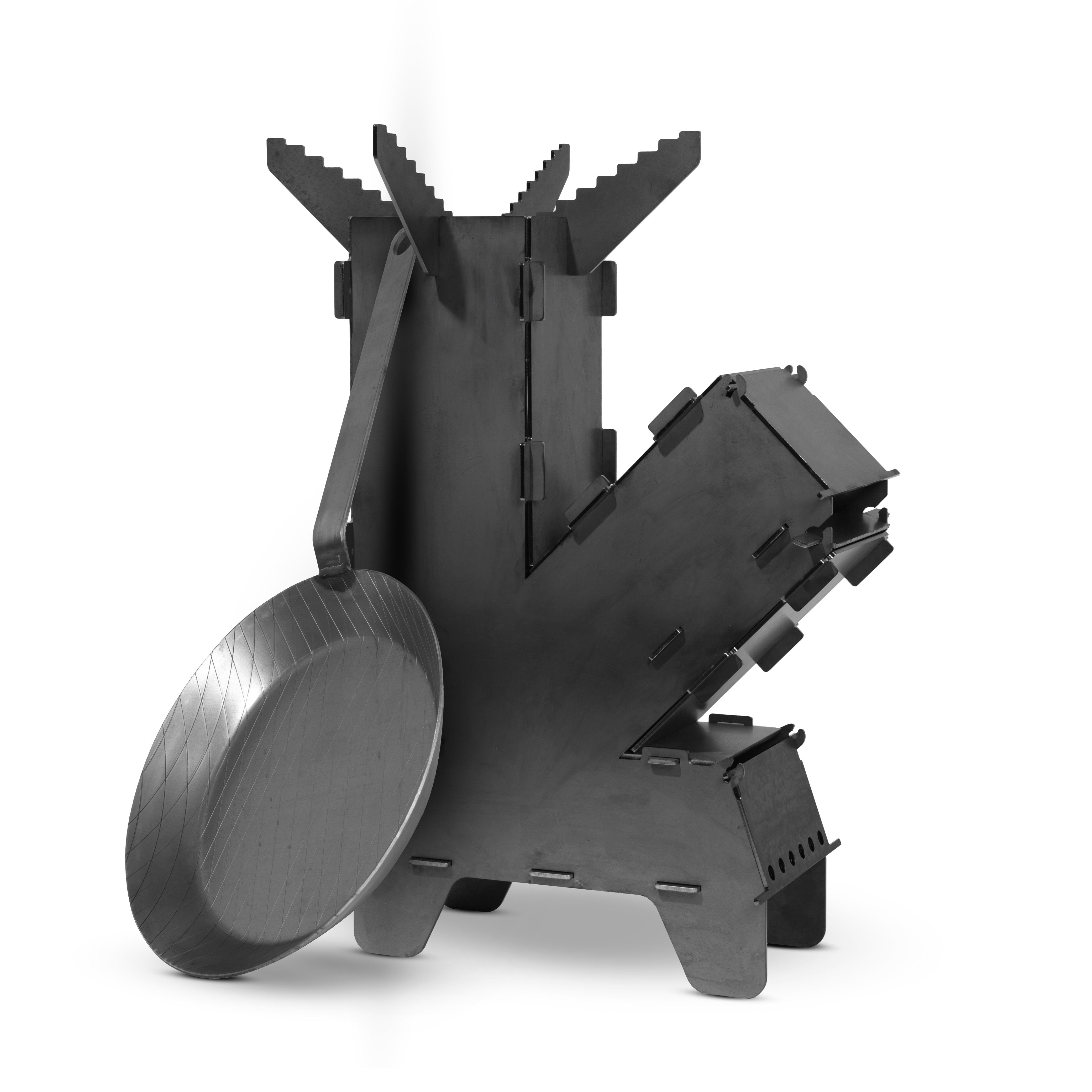 Czaja fire bowl, Czaja® rocket stove including grill plate and iron frying pan, made of raw steel