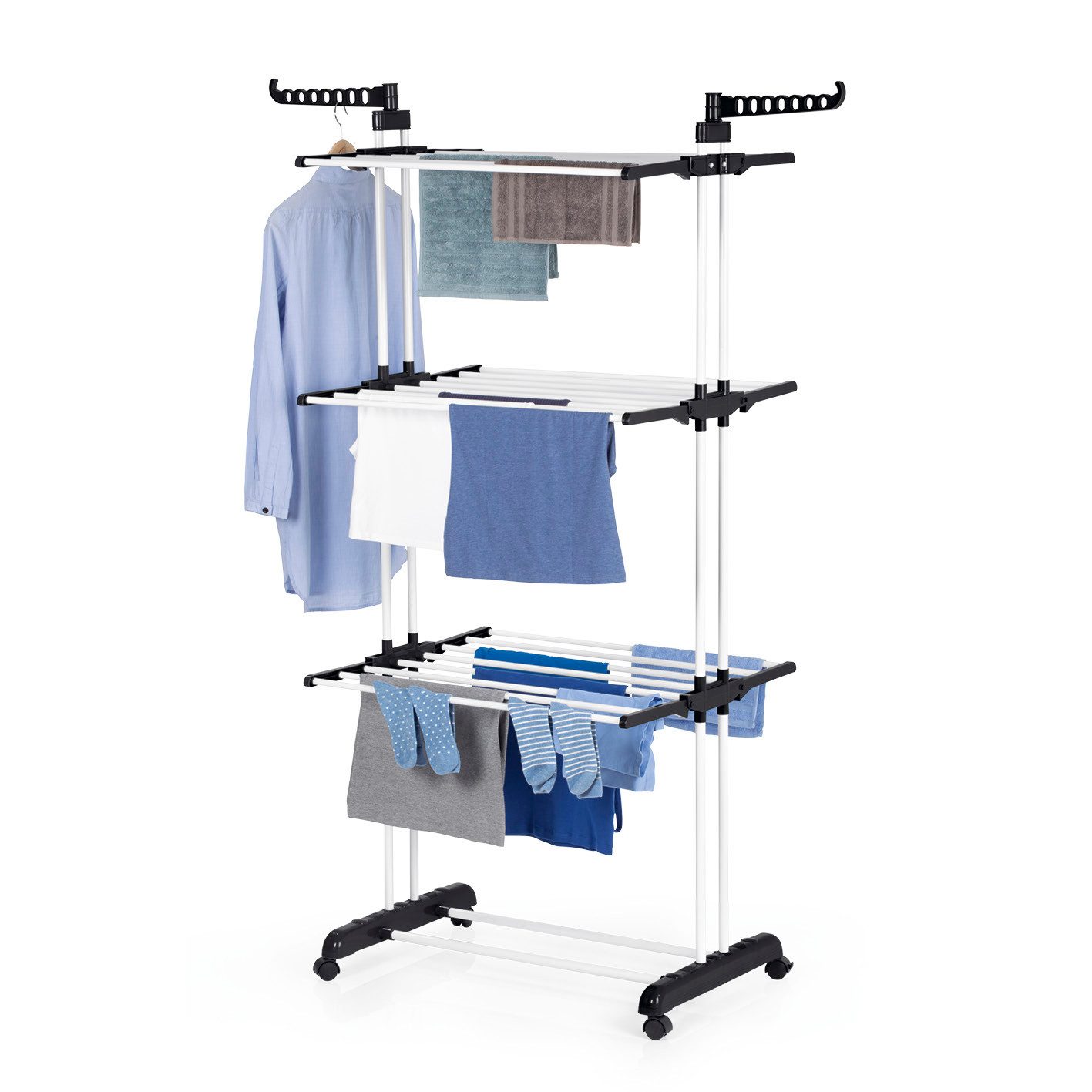 EASYmaxx Wäscheständer Effizientes Trocknen mit 3 Ebenen, 2 Seitenflügeln & leichtem Aufbau, Klappbar Platzsparend, vielseitig und mobil für drinnen und draußen