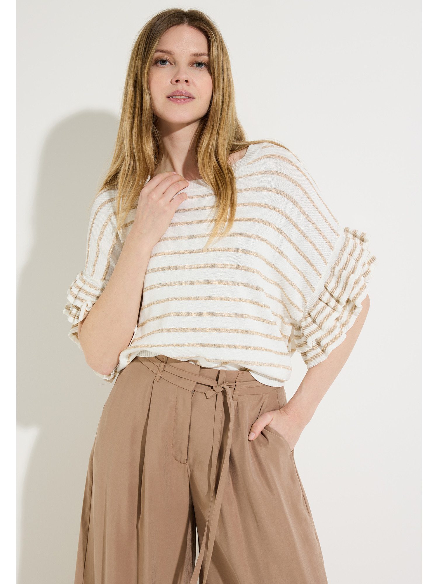 MORE&MORE Rundhalspullover weiter Glanzstreifen- Pullover, Volantärmel