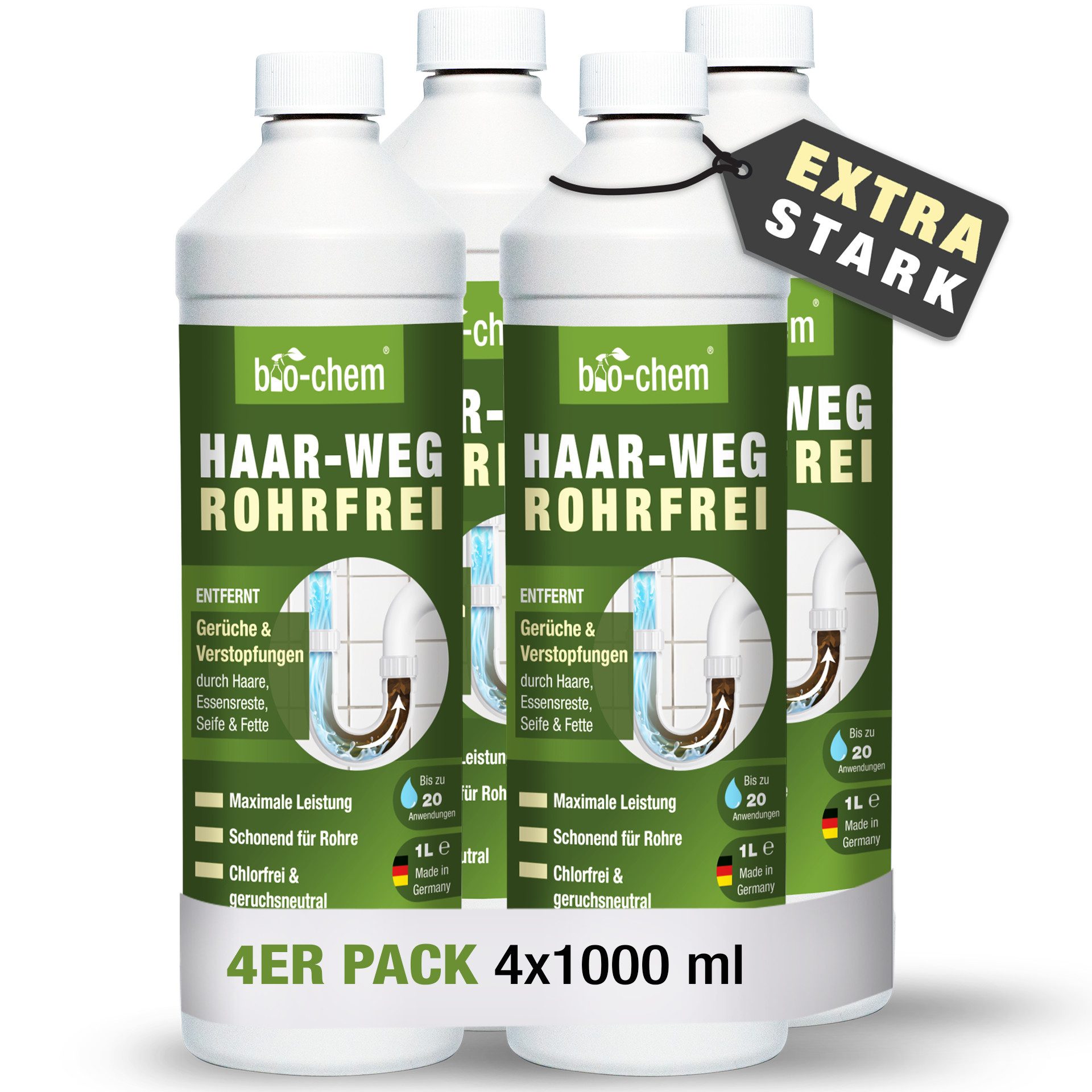 bio-chem Abflussreiniger EXTRA STARK 4x 1 L Profi Rohrreiniger, Geruchsneutral Rohrreiniger (Sparpaket, [- HAAR-WEG Abflussfrei 4x 1 l Chlorfrei und geruchsneutral – sicher in Anwendung)