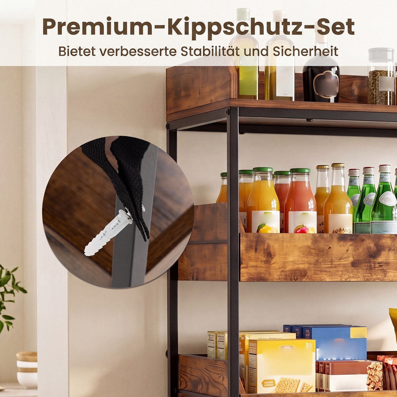 COSTWAY Küchenregal stehend mit 4 ausziehbaren Schubladen Standregal Küche, Holz – Bild 4 von 5