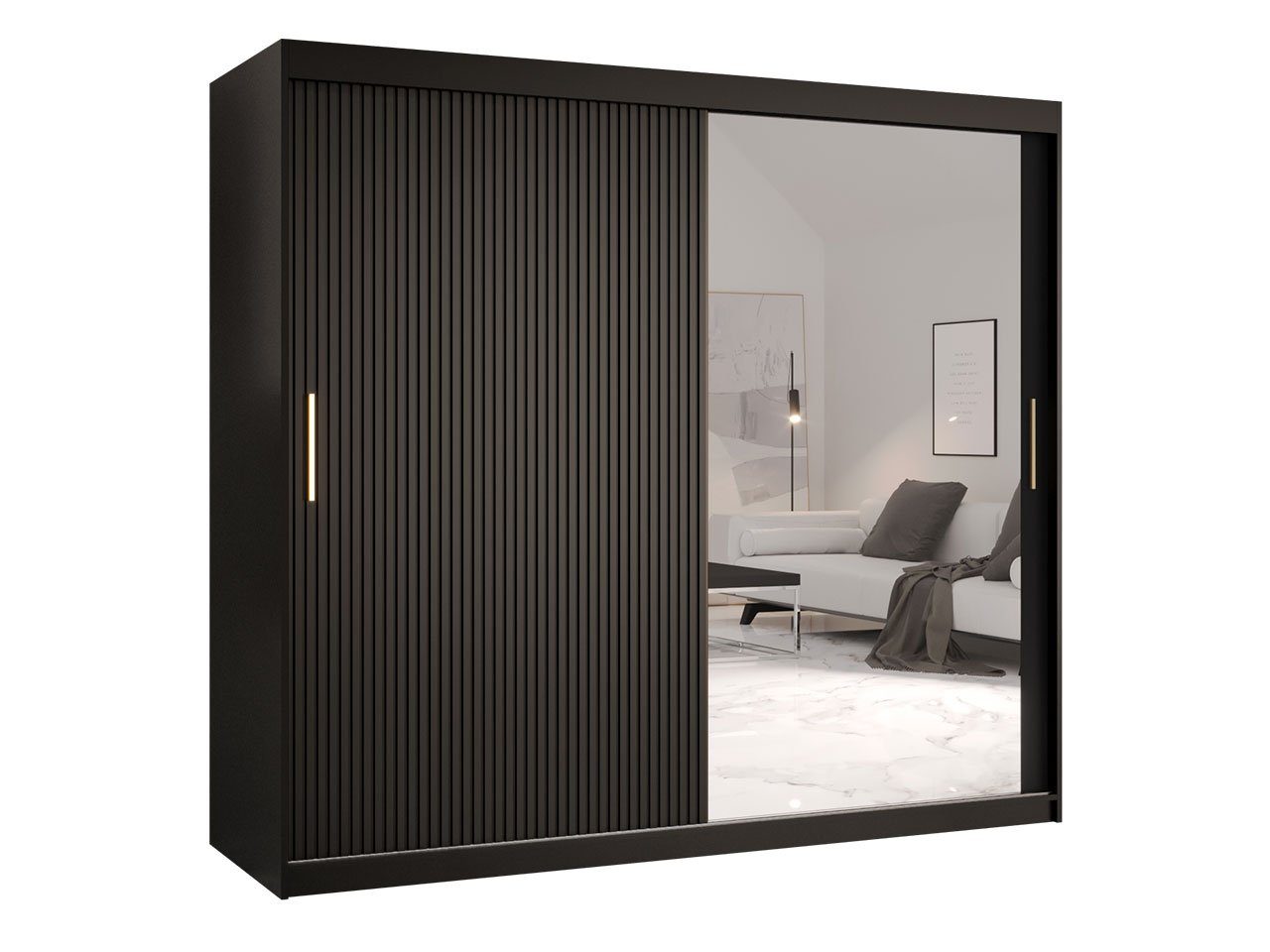 MIRJAN24 Kleiderschrank Riflo Slim 2 200 (mit Schiebetüren und Frontspiegel) 2-türig, zwei Kleiderstangen, Aluminium-Gleitschienen