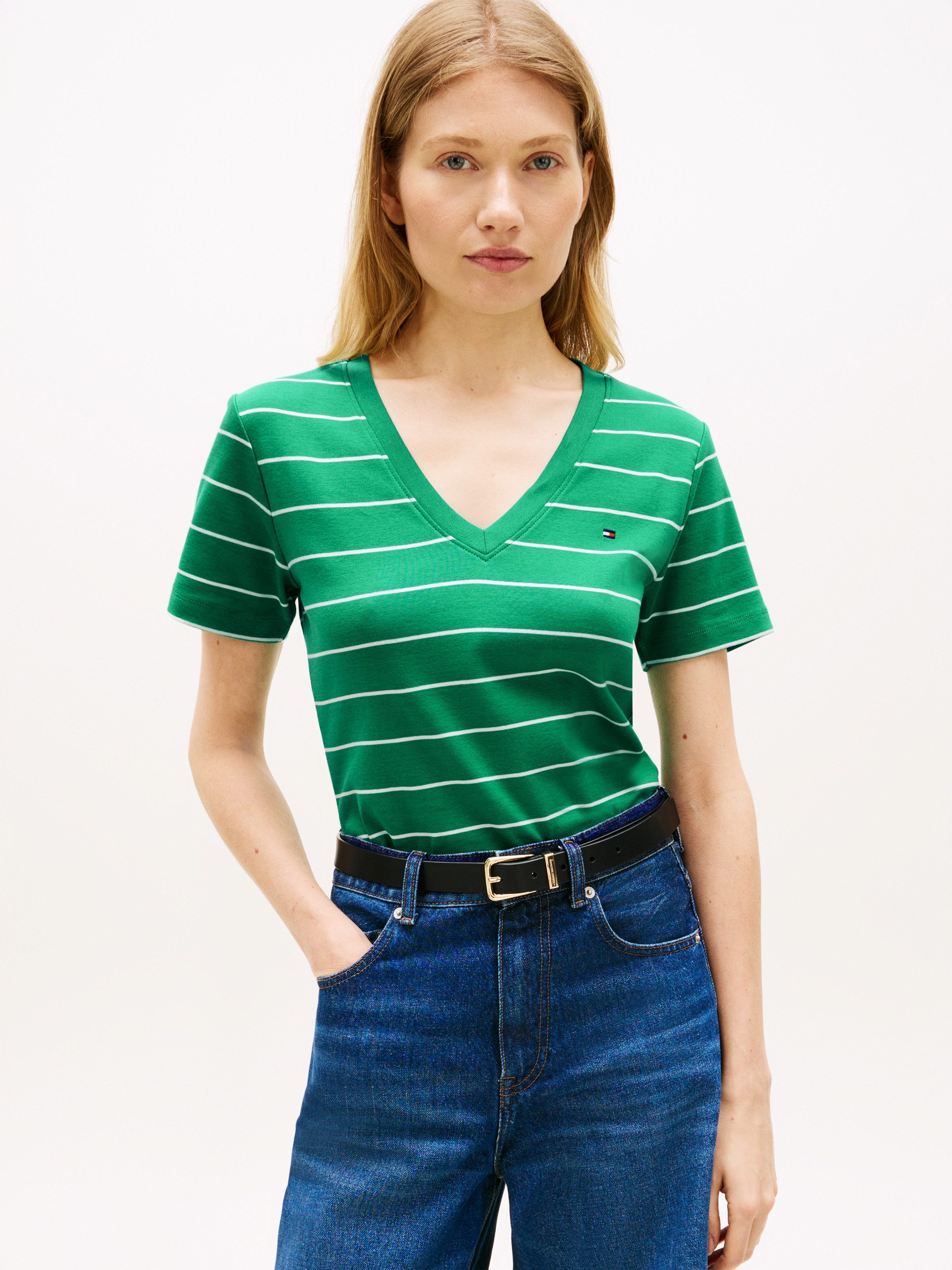 Tommy Hilfiger T-Shirt SLIM CODY V-NECK SHORT SLEEVE aus Baumwolle, Logostickerei, gestreift