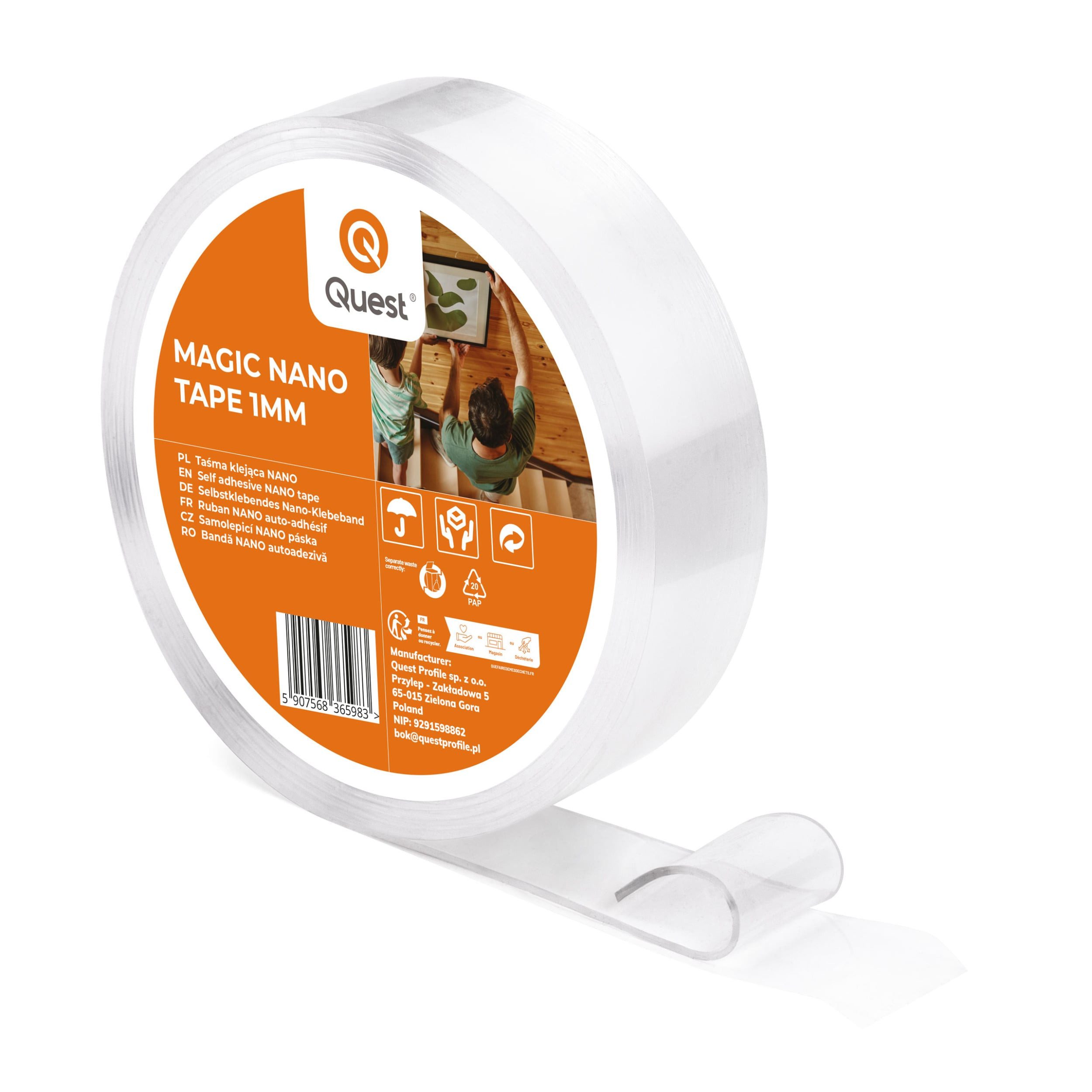 Quest Doppelklebeband Nano-Montageband transparent 30 mm, 5-m-Rolle (1-St) selbstklebend, 30 mm, 5-m-Rolle, 1 mm stark