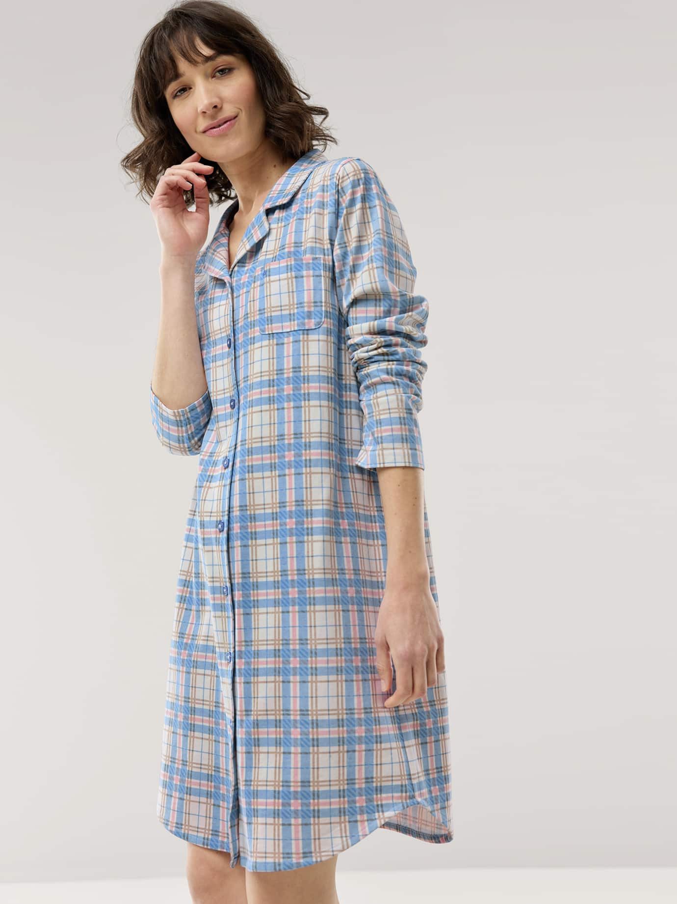 Walbusch Nachthemd Damen Nachthemd Jersey Flanell Baumwolle Langarm Nachtwäsche mit Peach-Effekt, Reverskragen, Knopfleiste, Brusttasche