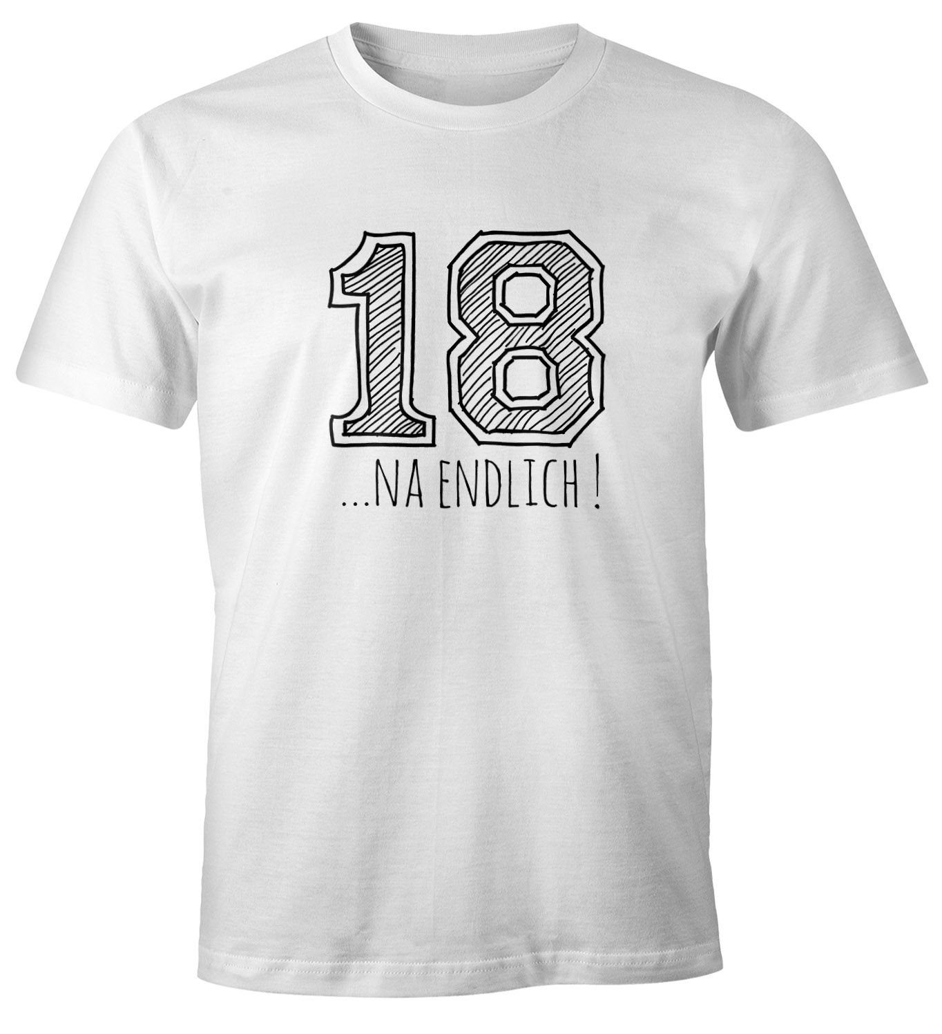 MoonWorks Print-Shirt Herren mit weiß College Geschenk Print endlich Moonworks® Fun-Shirt 18... T-Shirt Sketch na Geburtstag