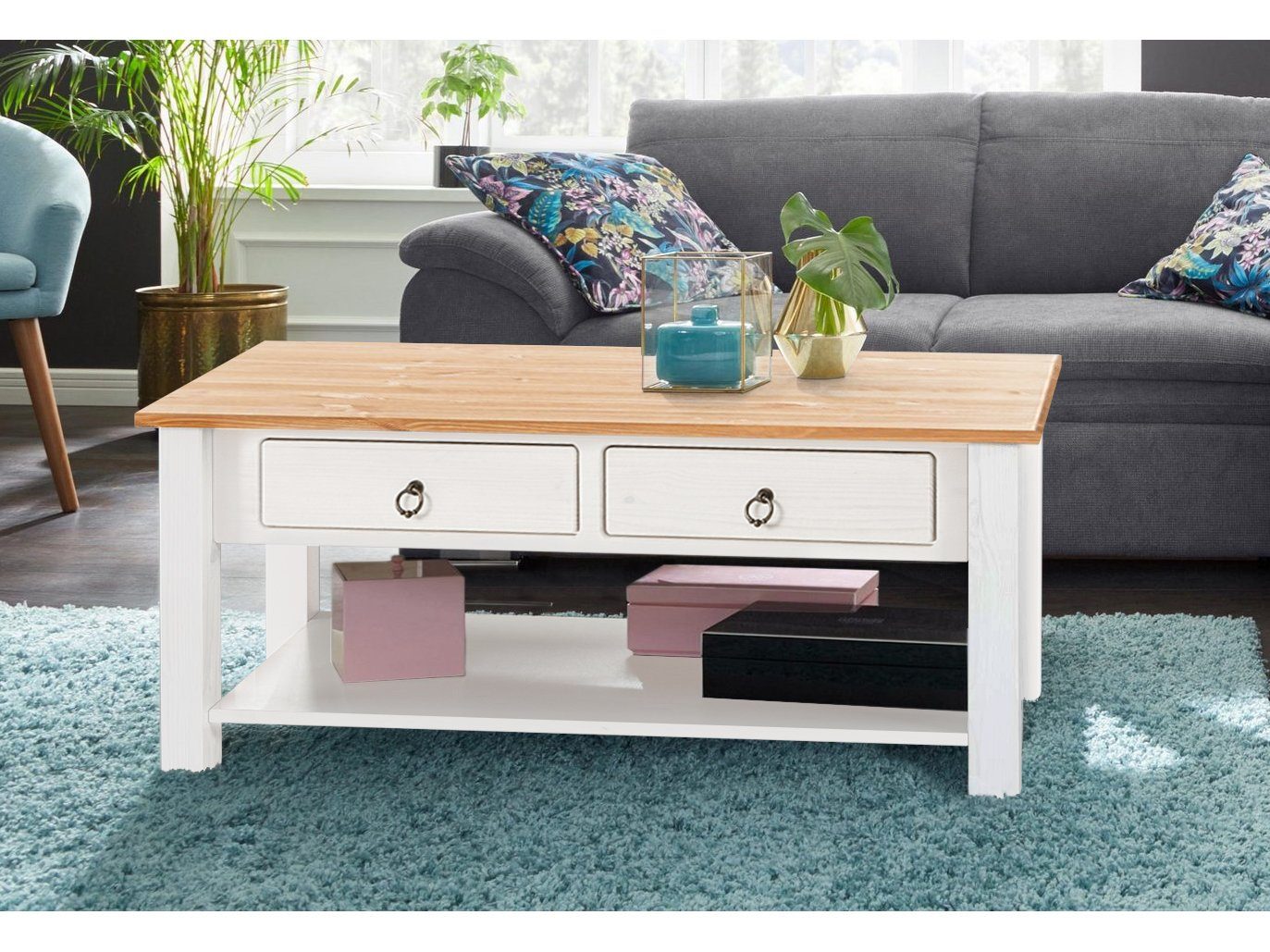 loft24 Couchtisch Inga - Wohnzimmertisch Ablagetisch Sofatisch Kaffeetisch, Wohnzimmertisch, 2 Schubladen, Kiefer, Landhausstil