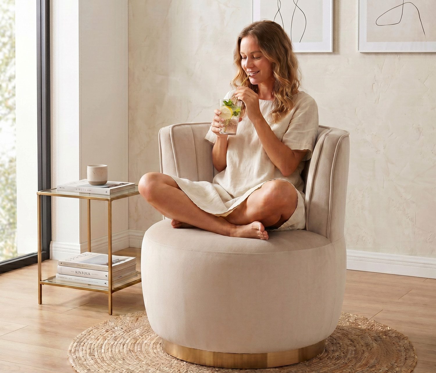 LVHOM Drehsessel 360° Moderner großer Drehstuhl, Akzentstühle – Samt/Teddy-Stoff (Ergonomische Rückenlehne und Bequemer Sitz, runde Sessel mit breiter Polsterung, flauschiger Stoffstuhl), für Wohnzimmer, Schlafzimmer, Wartezimmer, Büro