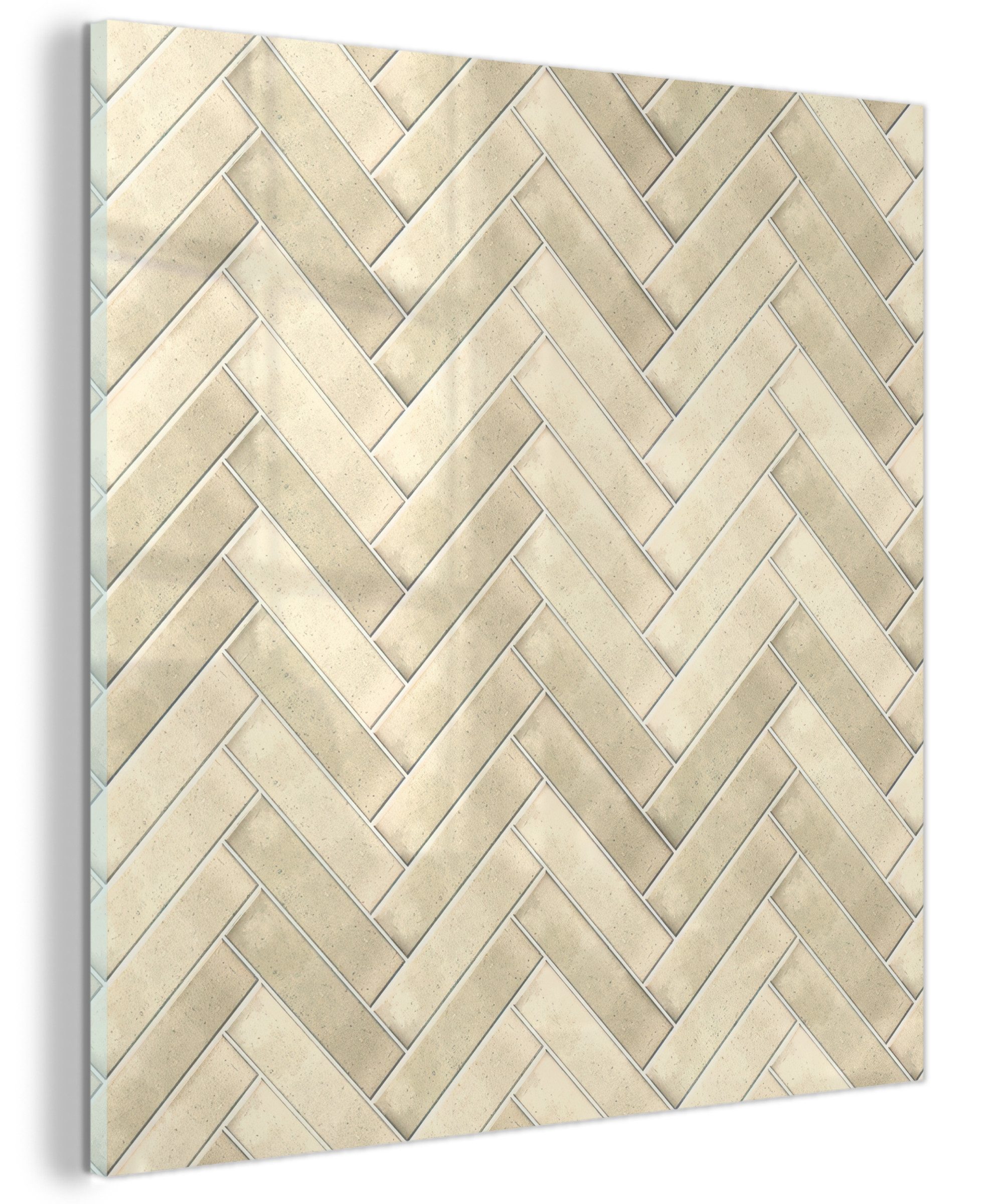 MuchoWow Acrylglasbild Fischgrätenmuster - Wandfliese - Light Beige, Inkl. Aufhängung, Bilder auf Glas Wandbild, Wanddeko Wohnzimmer Badezimmer, 20x20 cm