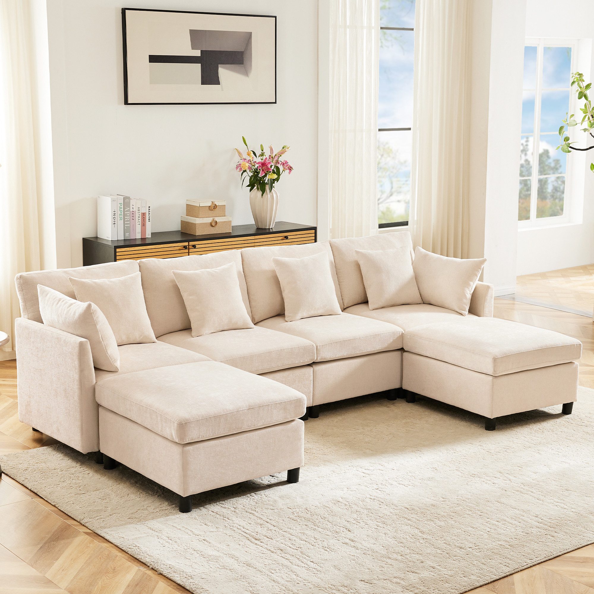 MODFU Ecksofa mit 2 verstellbaren Fußhockern und 6 Kissen, Polstersofa, 4-Sitzer-Sofa, Wohnzimmersofa, mit abnehmbarem Fußhocker