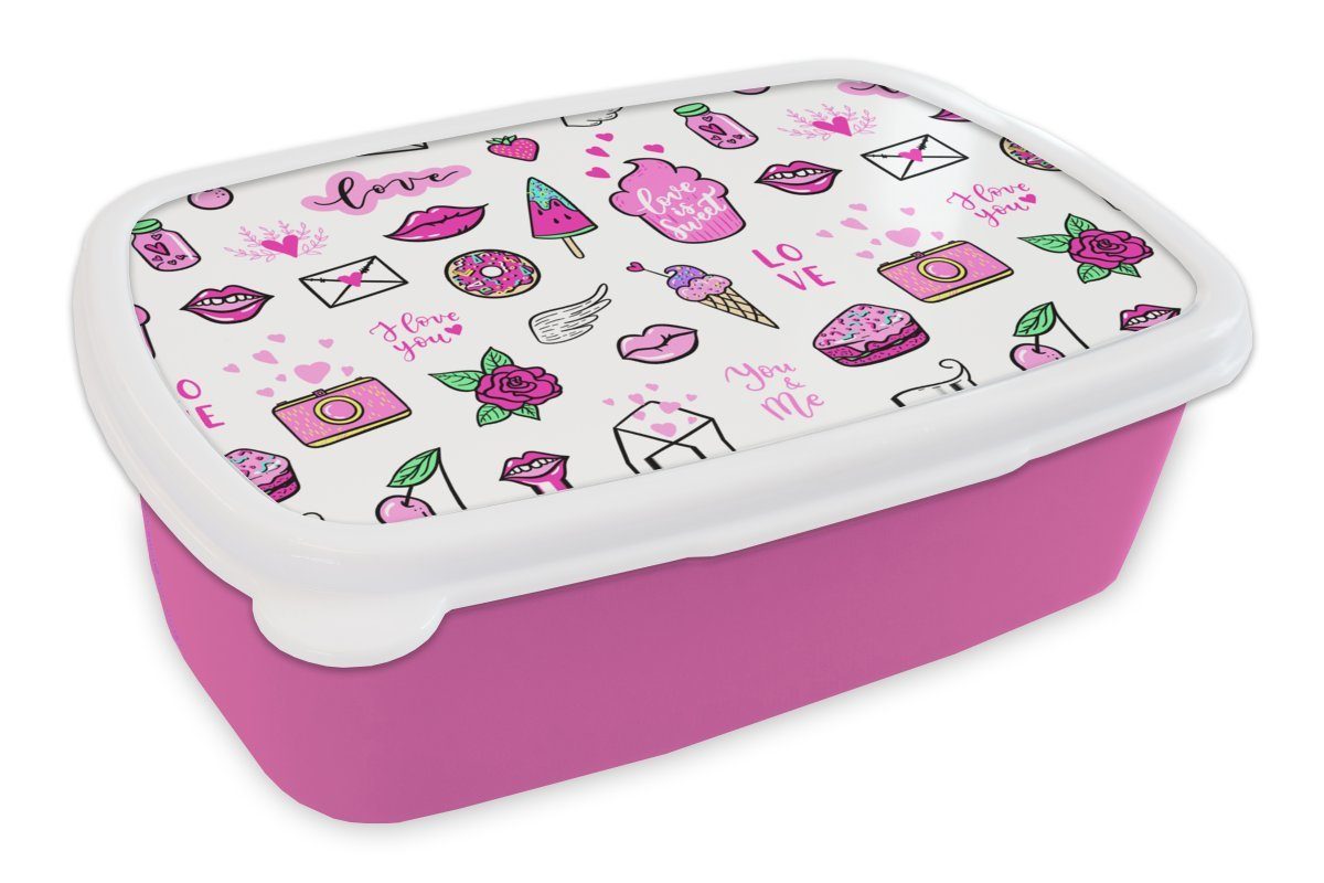 MuchoWow Lunchbox Mädchen - Liebe - Eis - Muster - Mädchen - Kinder - Kind - Kind, Kunststoff, (2-tlg), Brotbox für Erwachsene, Brotdose Kinder, Snackbox, Mädchen, Kunststoff rosa