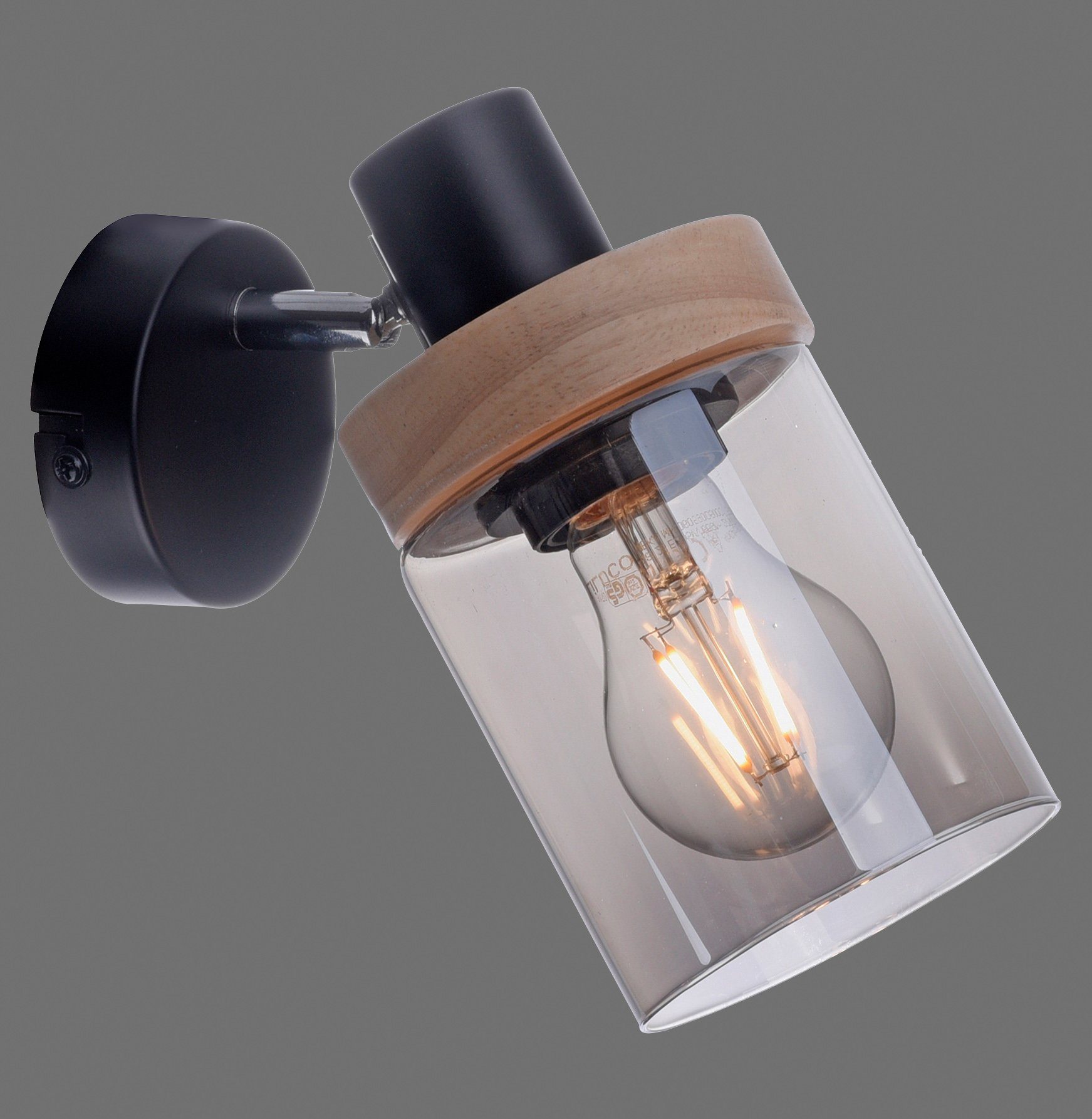 Leuchtmittel für geeignet E27 Tendon, ohne Home Holz, affaire Leuchtmittel, Rauchglas, Glas, - Wandleuchte Wandlampe,