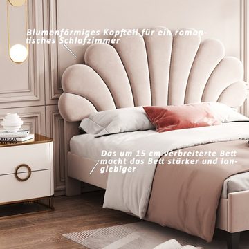 OKWISH Bett Gästebett, Polsterbett Doppelbett 140 x 200 cm (Samtstoff, mit blumenförmigem Kopfteil und Lattenrost), Ohne Matratze