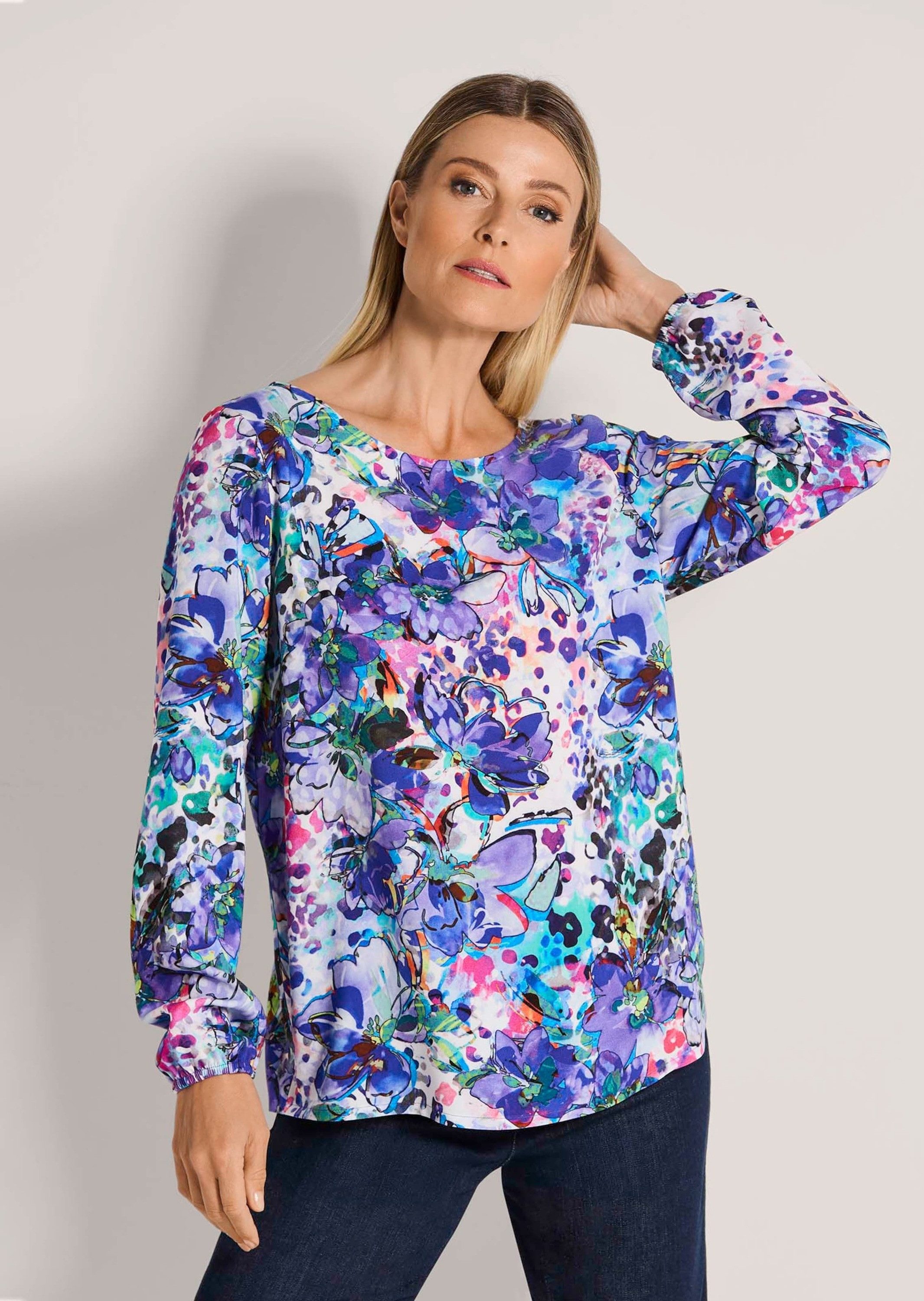 MADELEINE Schlupfbluse Viskosebluse mit floralem Aquarellmuster Freizeitbluse mit Rundhals, Gummibündchen und Langarm