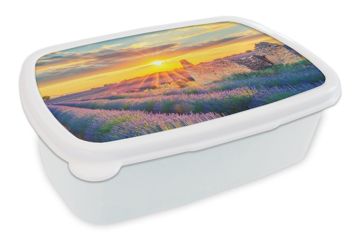 MuchoWow Lunchbox Lavendel - Sonnenuntergang - Ruine - Lila, Kunststoff, (2-tlg), Brotbox für Kinder und Erwachsene, Brotdose, für Jungs und Mädchen weiß