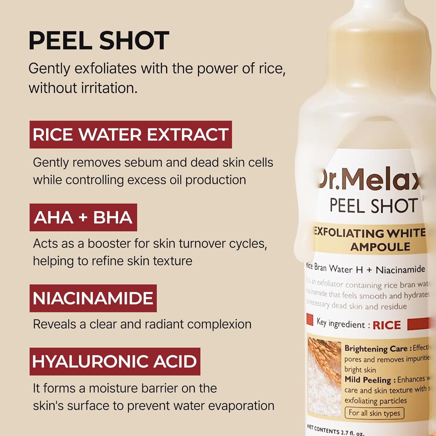 Dr.Melaxin Gesichtsserum Peel Shot Exfoliating White Rice Ampoule 80ml – sanfte Peeling-Ampulle mit Reisextrakt, AHA, BHA & PHA – klärt Poren, glättet das Hautbild & verleiht natürlichen Glow