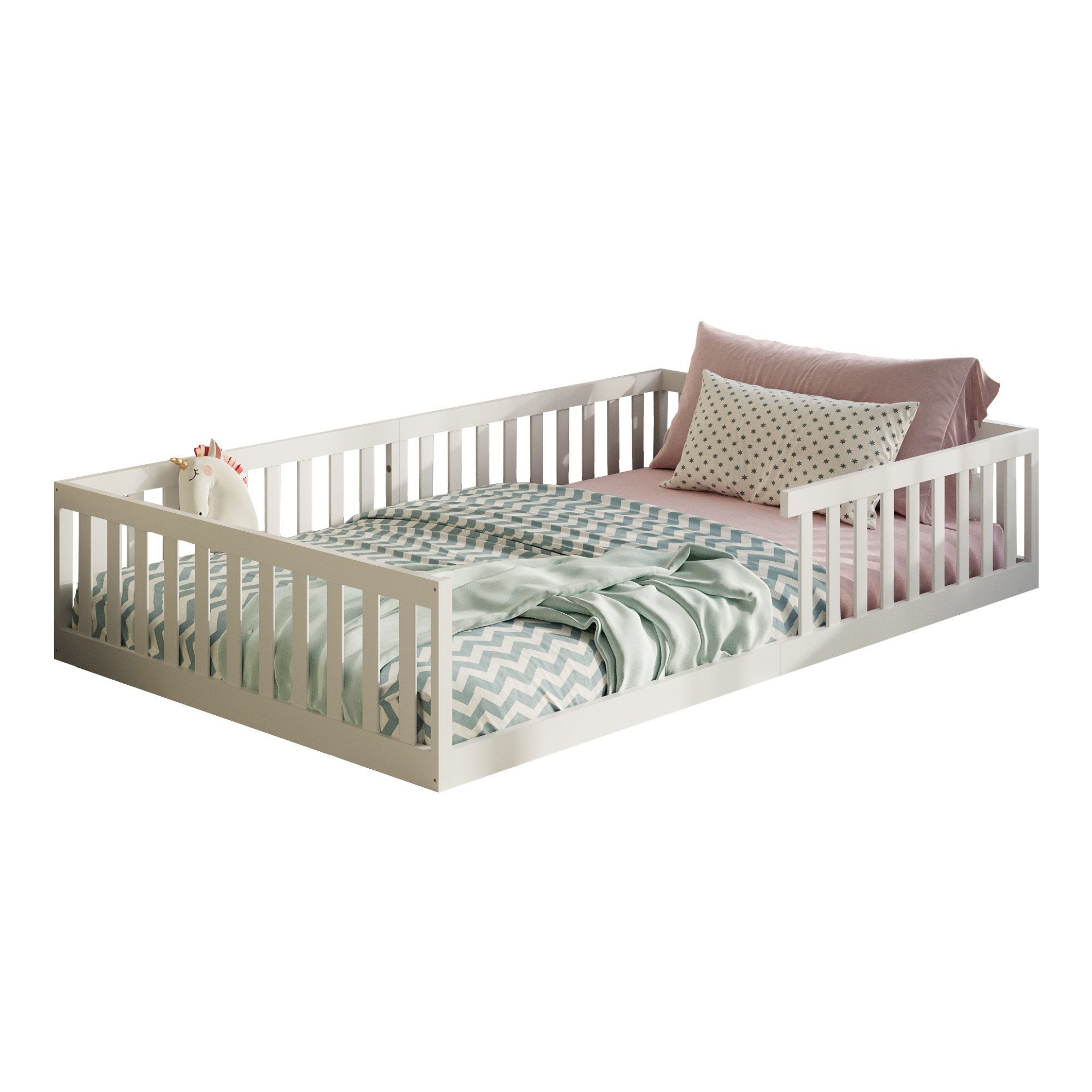 Kids Collective Kinderbett Bodenbett Bett mit Rausfallschutz & Lattenrost Montessori Bett Kinder (weitere Größen, 90x200, 120x200 cm), Jugendbett Einzelbett optional mit Matratze, weiß Kiefer 140x200 cm