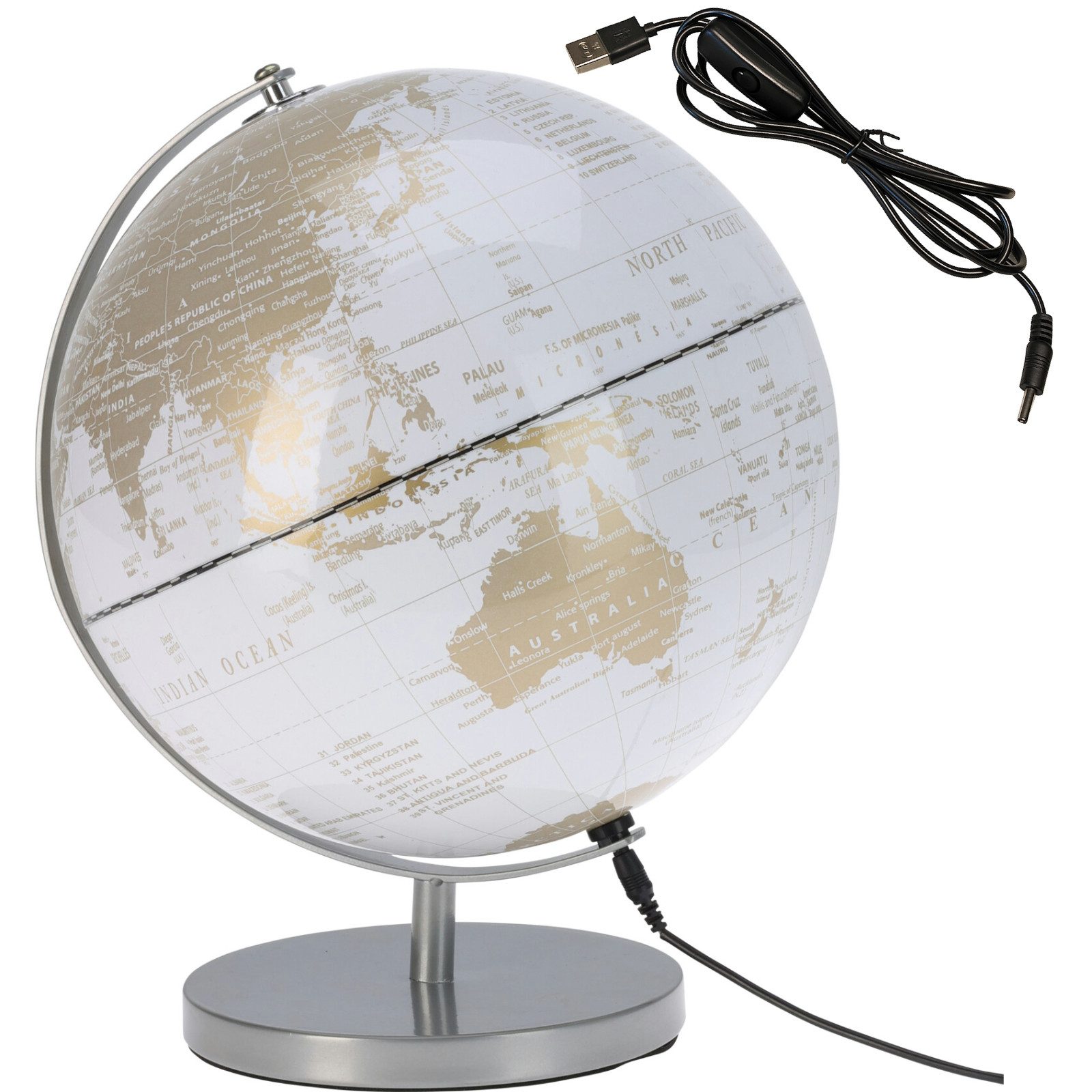 Koopman Globus Weltkarte Weltglobus LED Landkarte Ø 31 cm Weiß Hell, (1-tlg), LED-Funktion, 1:51 Mio., LED-Globus, Erdball, Erdglobus