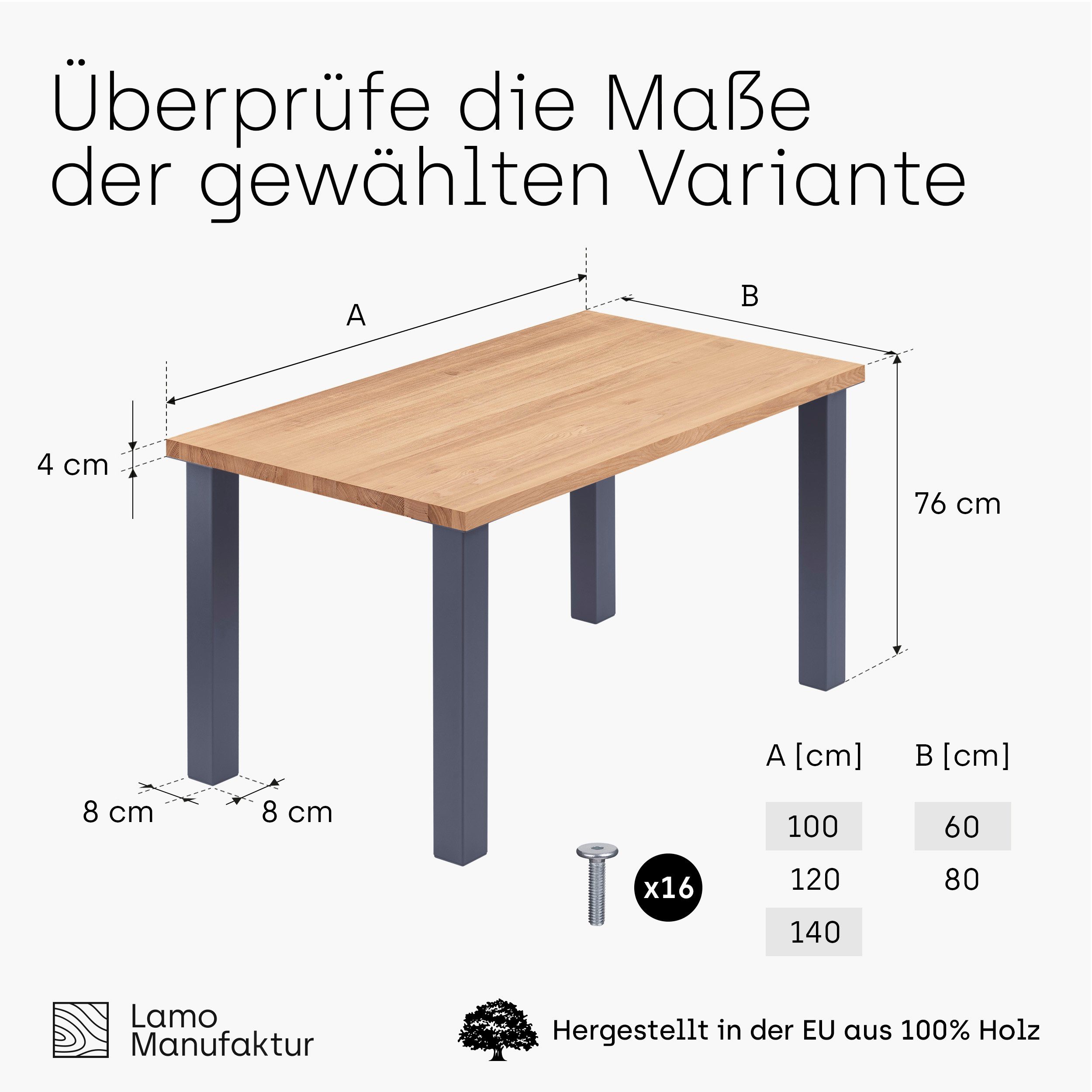 LAMO Manufaktur Kante (1 Classic Küchentisch Anthrazit inkl. Natur | gerade Tisch), Tischplatte Esstisch Massivholz Metallgestell