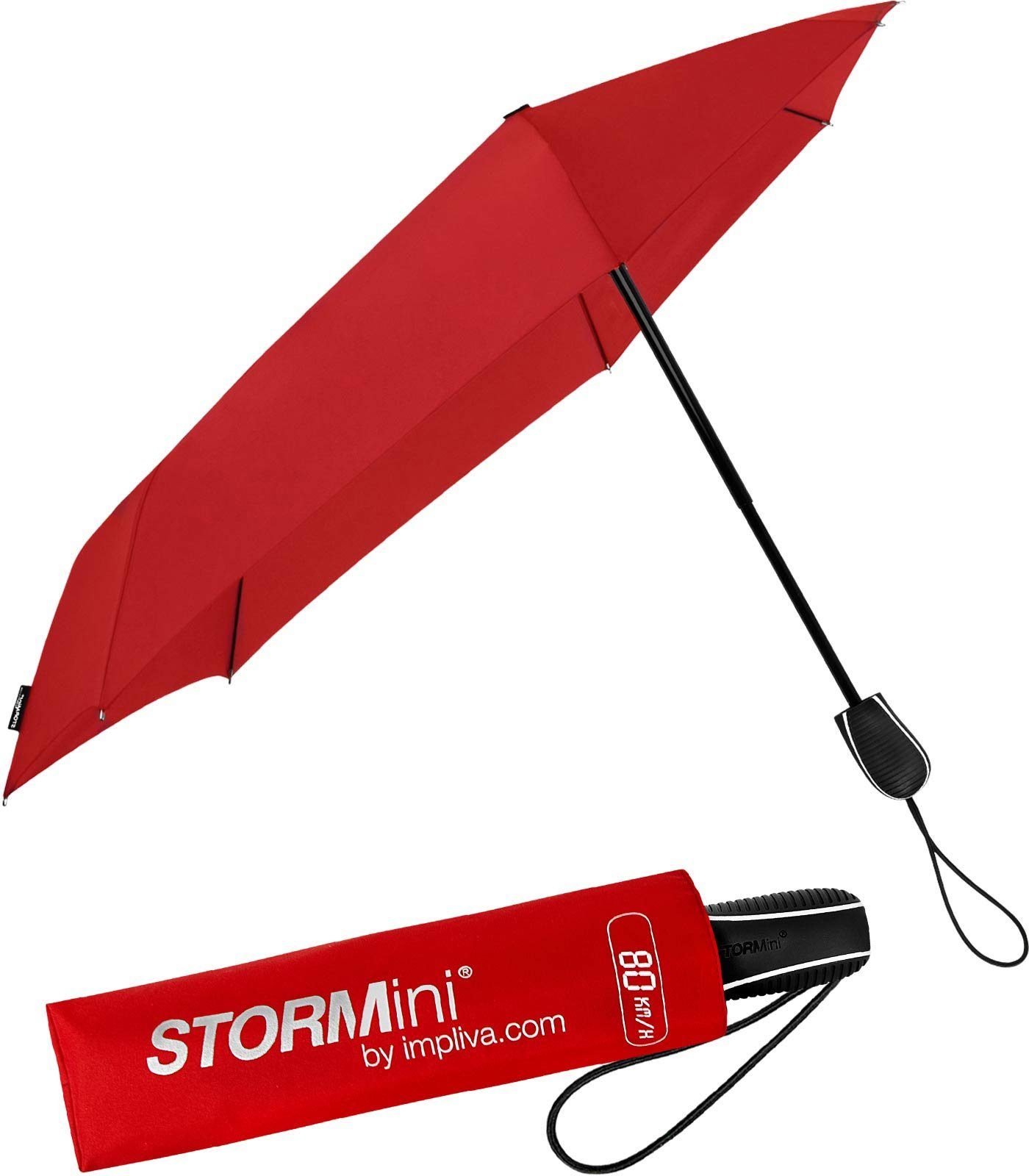 Impliva Taschenregenschirm STORMini aerodynamischer Sturmschirm, durch seine besondere Form dreht sich der Schirm in den Wind, hält bis zu 80 km/h aus rot
