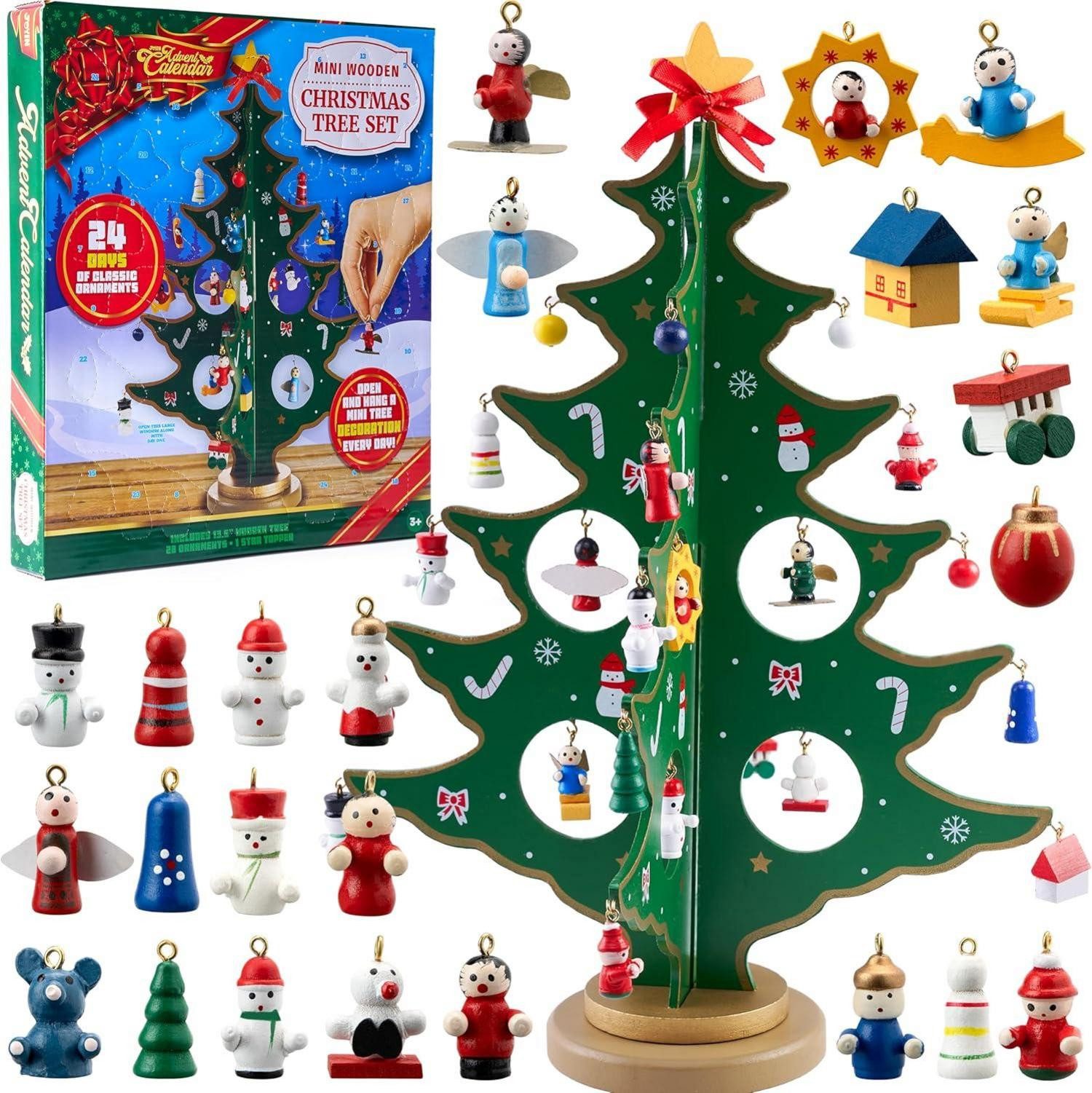 Adventskalender Adventskalender 2024 mit Holzbaum, Ornamenten, 24 Tage
