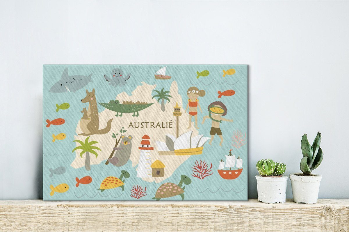 Wandbild (1 Farben, - cm OneMillionCanvasses® 30x20 Weltkarte St), Aufhängefertig, - Leinwandbilder, Wanddeko, Kinder Australien Leinwandbild