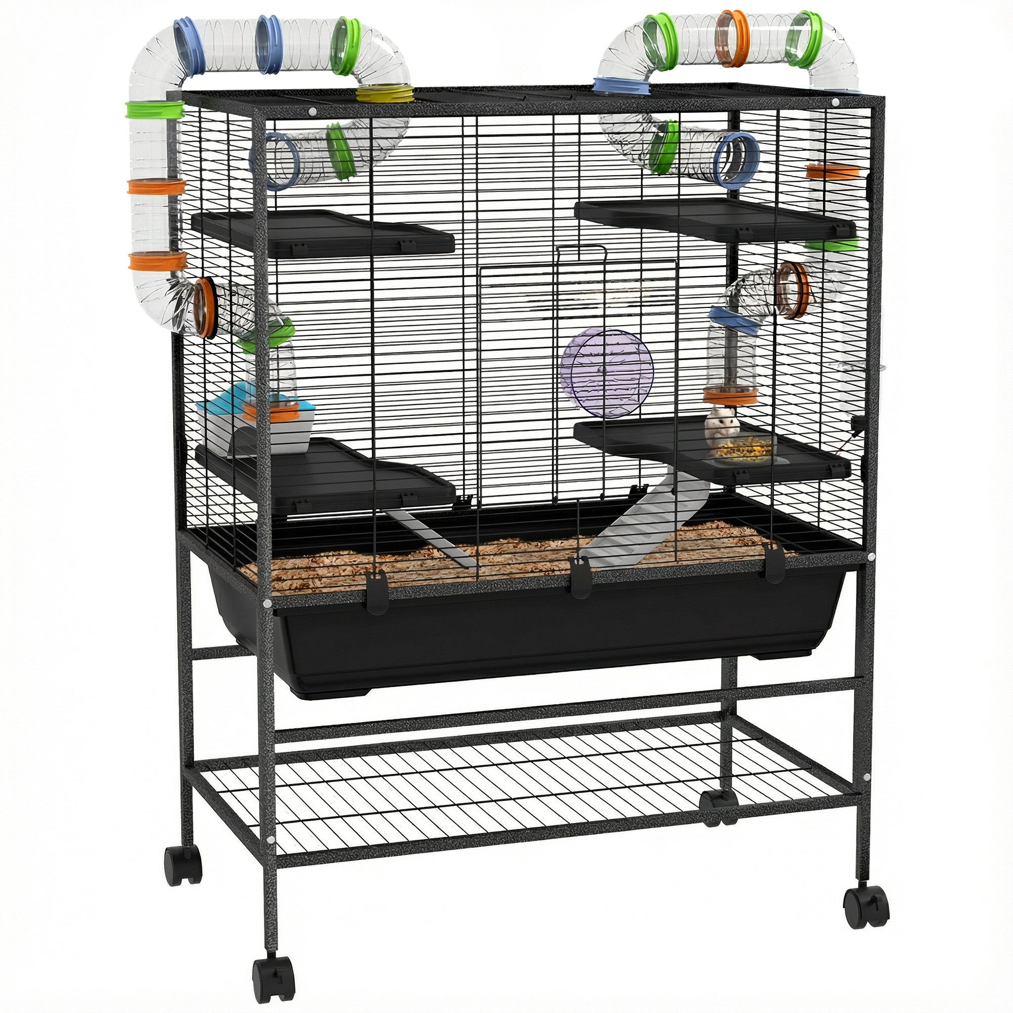PawHut Kleintierkäfig Hamsterkäfig Nagerkäfig mit Rädern, Röhren, Ablagefläche, Rampen, für Rennmäuse, syrische Hamster, Schwarz