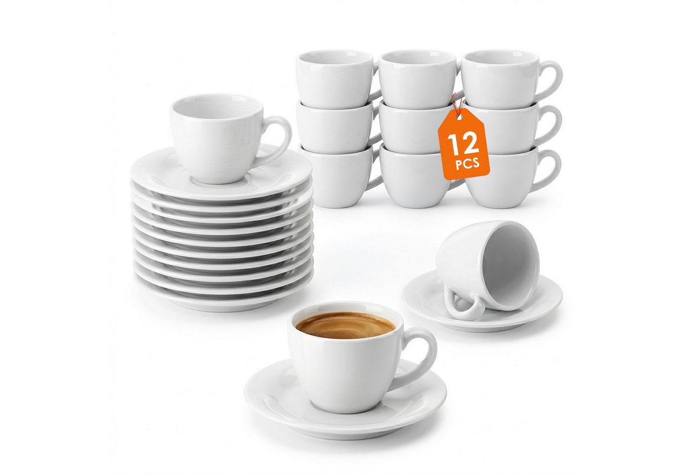 Spetebo Tasse Kaffeegeschirr mit Henkel in weiß, 12-tlg., Porzellan, Kaffeebecher für Büro, Gastronomie und Zuhause