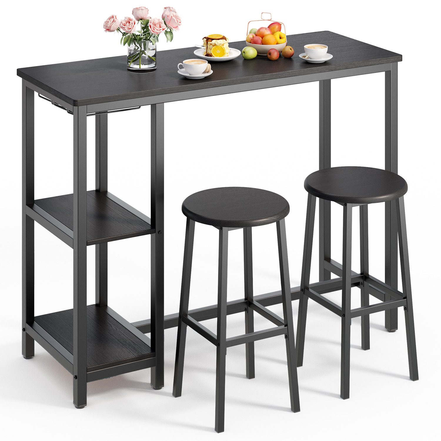 Blishom Bartisch Bartisch-Set mit 2 Barhockern und Ablagen, Das Weinregal ist zerlegbar, 120 x 40 x 90 cm