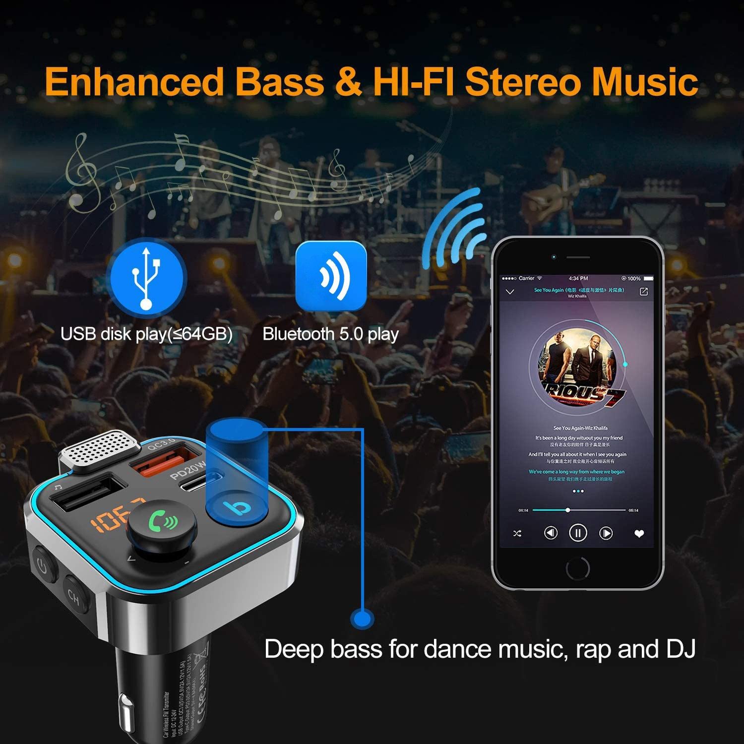 FELIXLEO FM KFZ Transmitter Bluetooth 5.0 USB 3.0 Bluetooth-Adapter Adapter