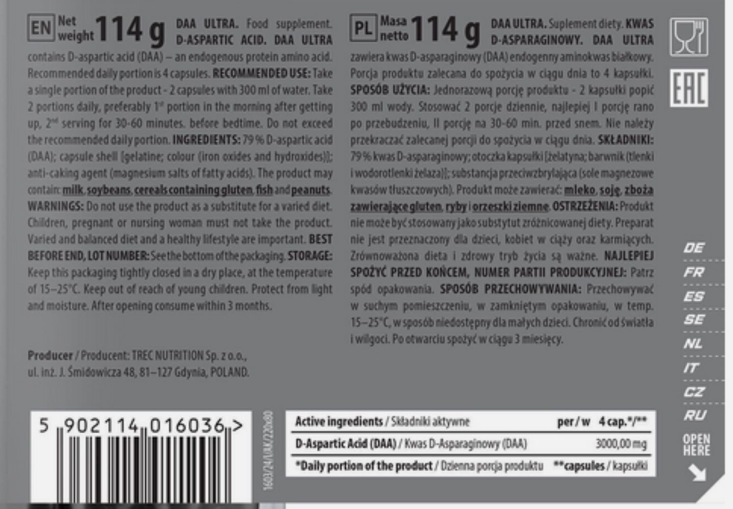 TREC Nutrition Trec Nutrition DAA Ultra 120 Kapseln Kapseln, 114 g, Drei Kapseln liefern insgesamt 3.000 mg D-Asparaginsäure