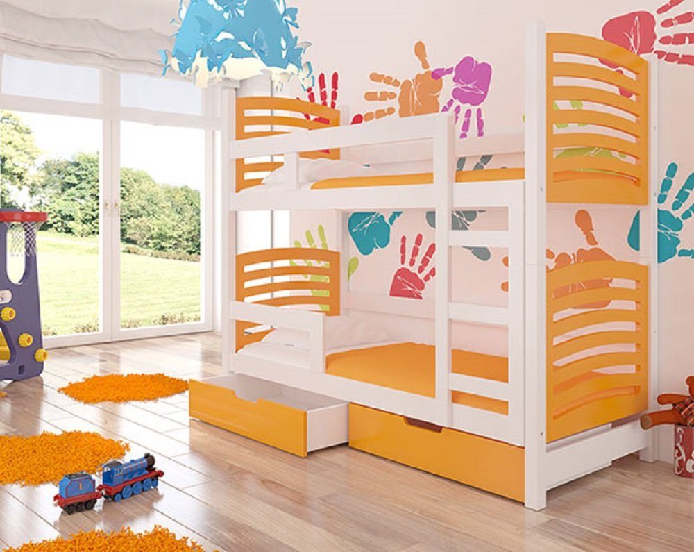 Feldmann-Wohnen Hochbett OSUNA (Etagenbett mit 2 Schlafgelegenheiten) Farbe wählbar Kiefer weiß / Absetzungen: orange