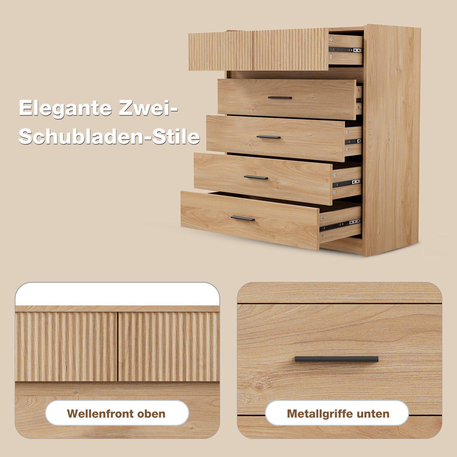 HOMAVO Kommode DG1 mit 6 Schubladen für Wohnzimmer Schlafzimmer modern & geräumig, FSC®, viel Stauraum, pflegeleicht-74 × 40 × 90 cm (B × T × H)
