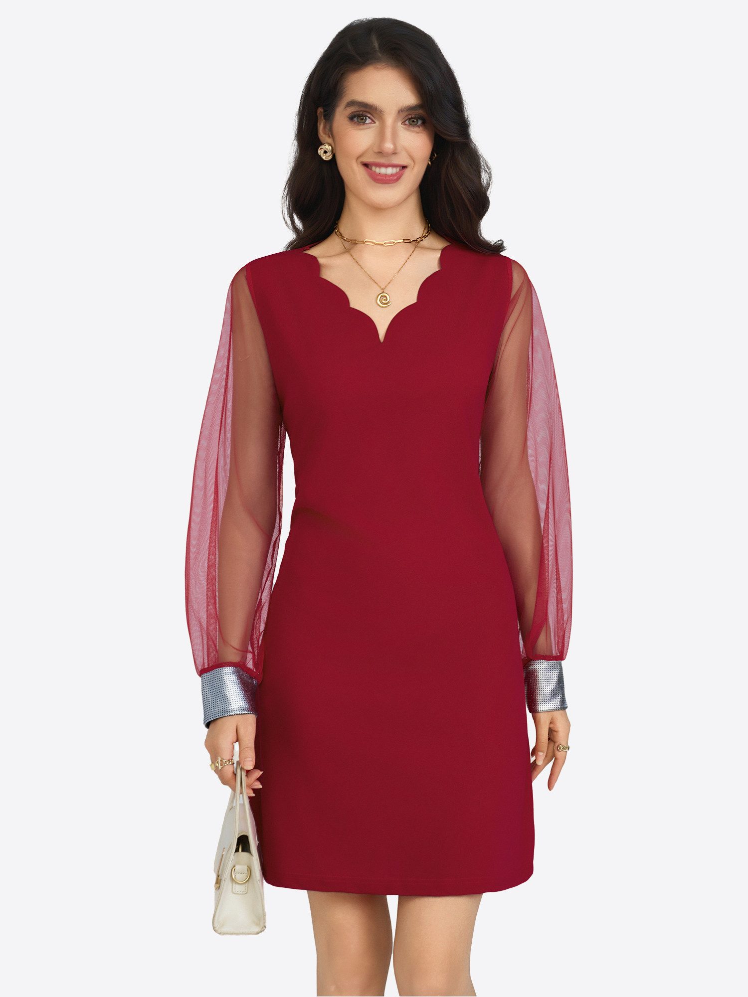 Imily Bela Cocktailkleid Damen Partykleid mit Netz-Ärmeln und Pailletten-Manschetten (Packung, 1-tlg., 1per-Pack) Muschelkragen-V-Ausschnitt