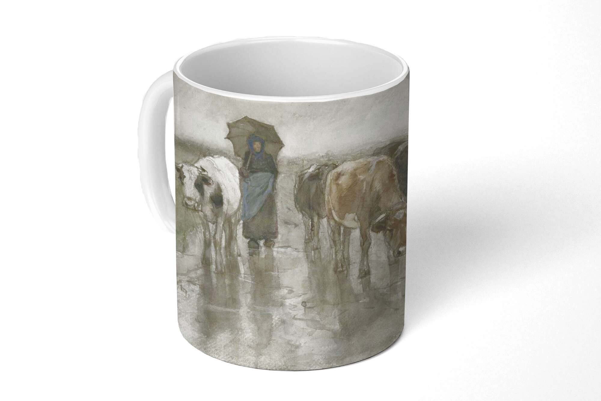 MuchoWow Tasse Eine Bäuerin mit Kühen auf einer Landstraße im Regen - Gemälde von, Keramik, Kaffeetassen, Teetasse, Becher, Teetasse, Geschenk