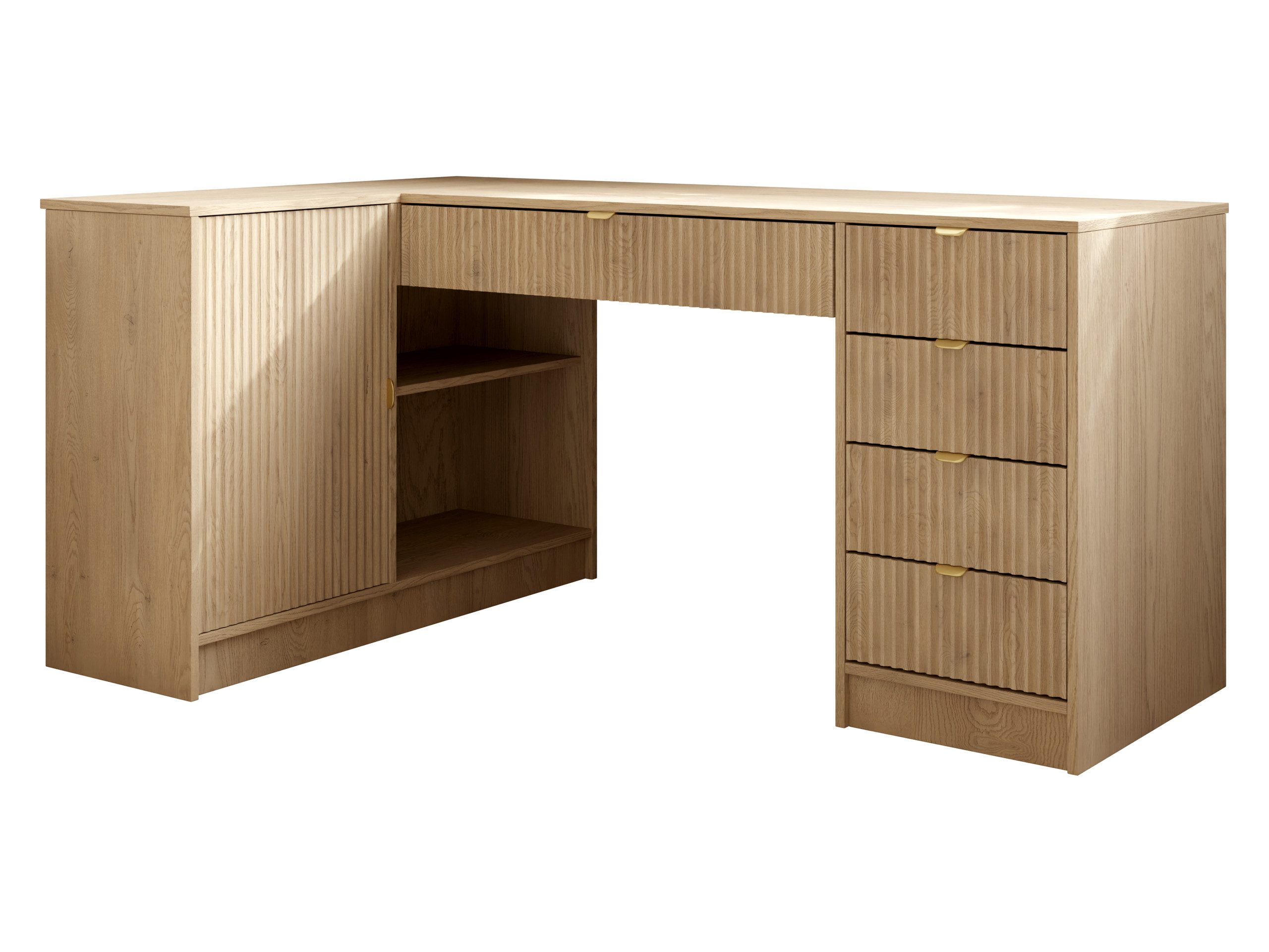 MIRJAN24 Schreibtisch Tireno (mit Drehtür und fünf Schubladen), 158x98x76 cm, Gold Aluminiumgriffe, Links / Rechts