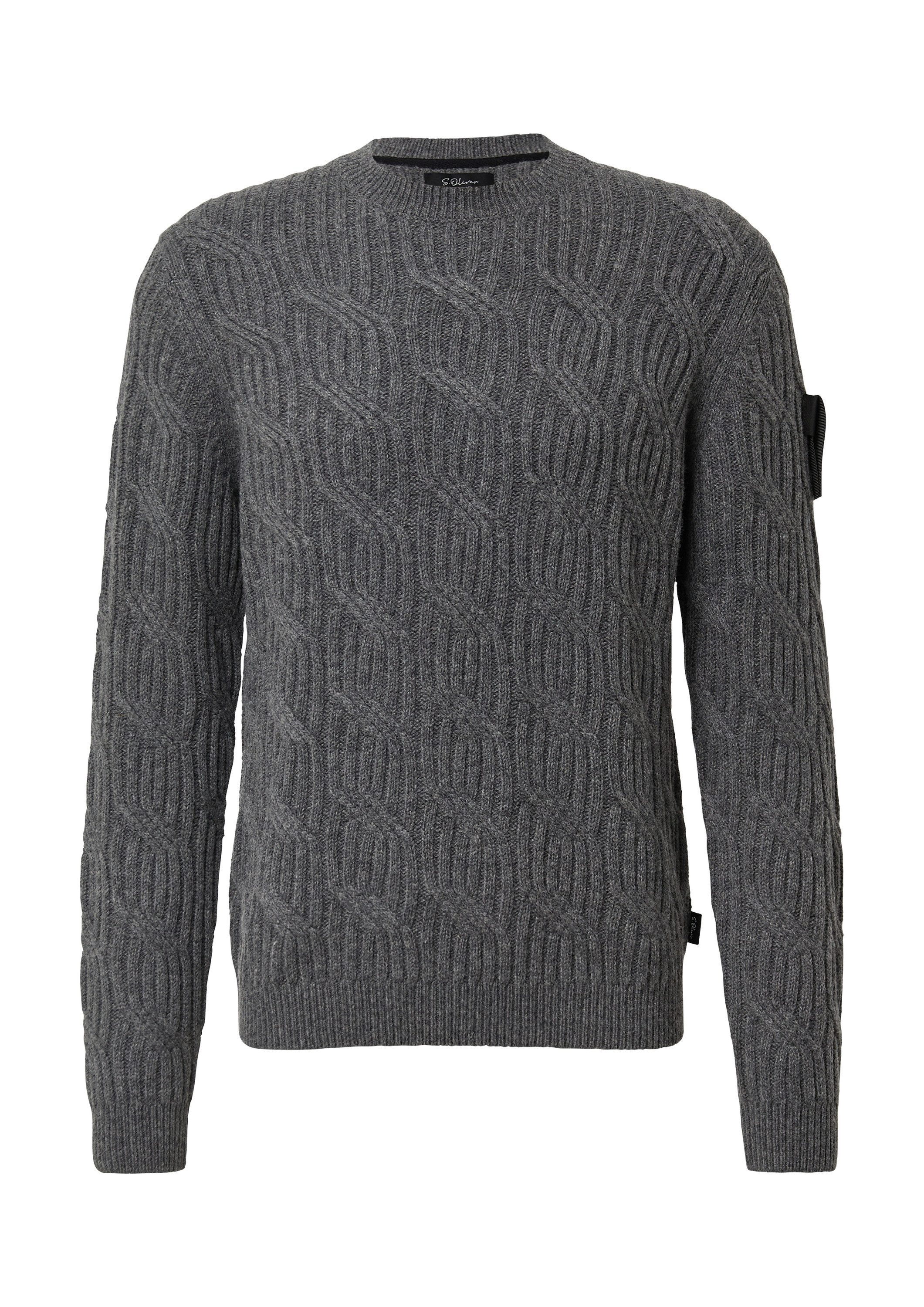 s.Oliver Longpullover Strickpullover Strickpullover aus 100% Wolle mit Zopfmuster und Ärmel-Patch