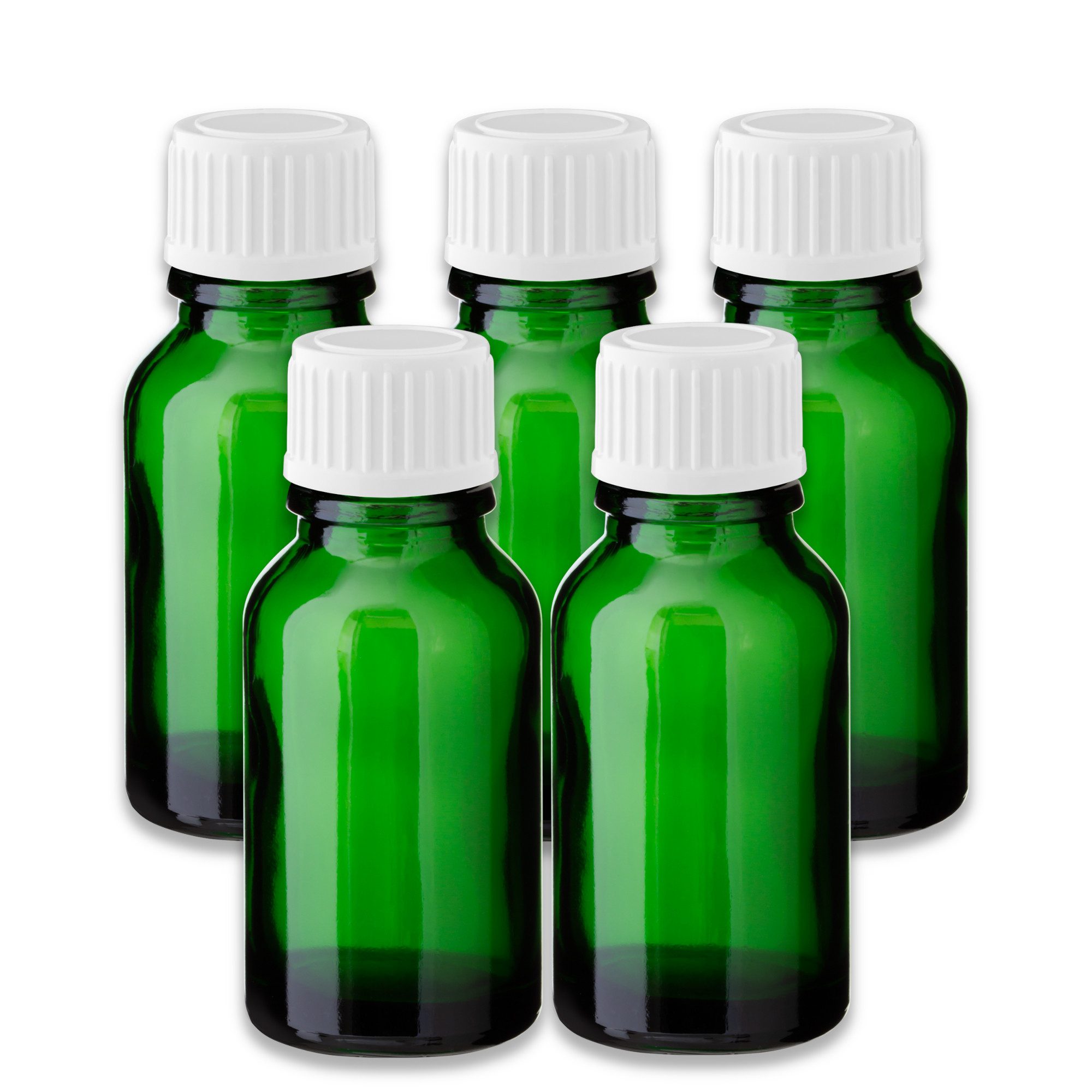 CK Verpackung GmbH Leerglas 5x Grüne Glasflasche 15 ml mit weißem PP-Schraubverschluss Kappe Leer (Set x5)