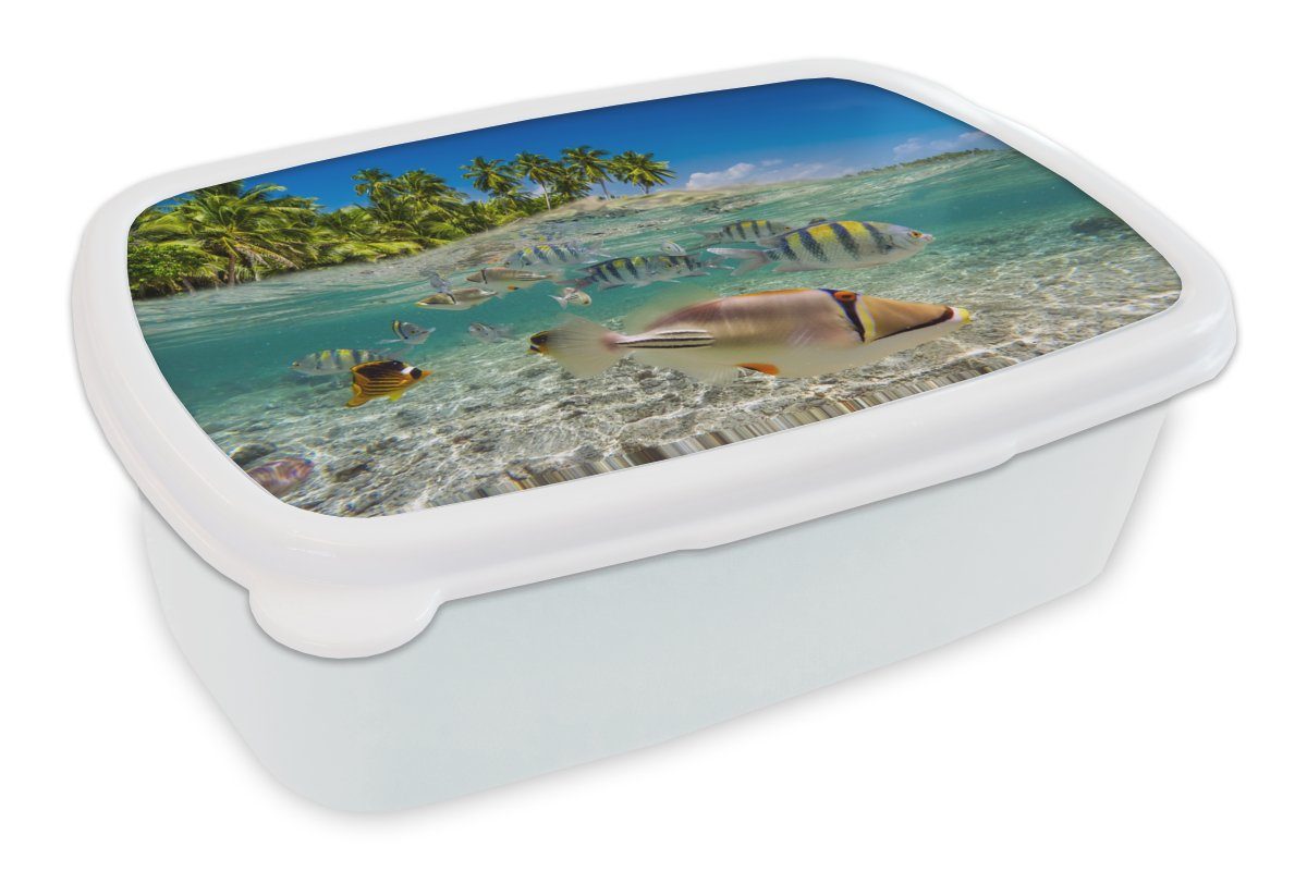 MuchoWow Lunchbox Strand - Angeln - Tropisch, Kunststoff, (2-tlg), Brotbox für Kinder und Erwachsene, Brotdose, für Jungs und Mädchen weiß