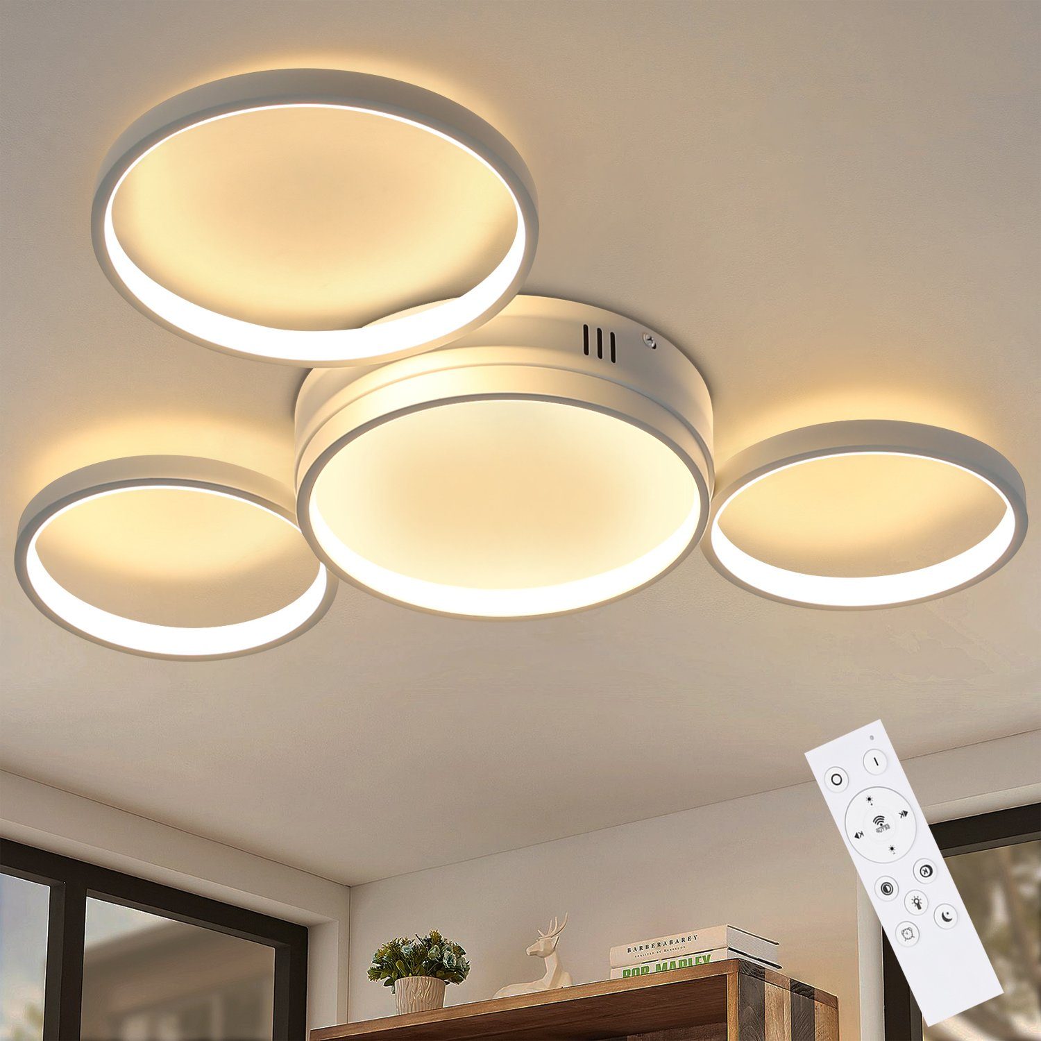 ZMH LED Deckenleuchte Modern 4 Flammig Ring Fernbedienung Schlafzimmer, LED fest integriert, Dimmbar, Weiß
