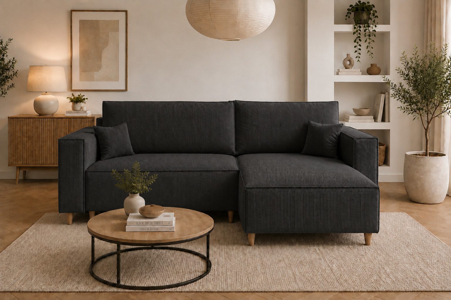 MARPUR Ecksofa RIO aus Cordstoff mit Schlaffunktion und Bettkasten, L-Form Couch, Universal Ottomane, in 7 trendigen Farben wählbar