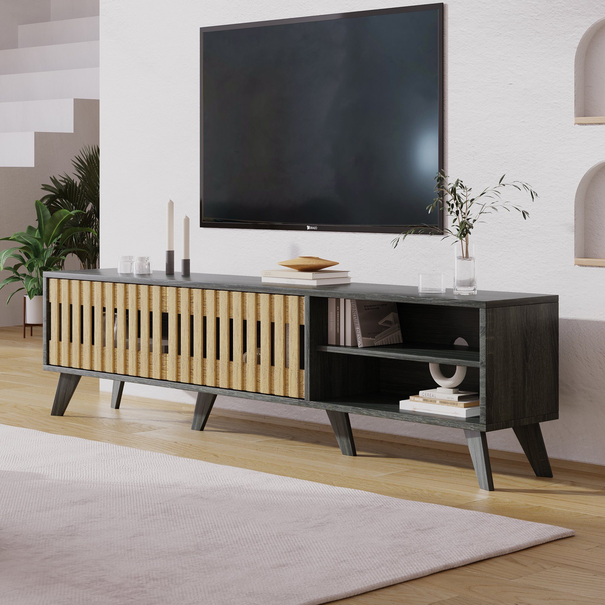 REDOM TV-Schrank TV-Möbel TV-BoardT V-Ständer Einzigartiges Design (160L x  40B x 48H(cm) Eine Kombination aus Vintage-Holz und Schwarz.
