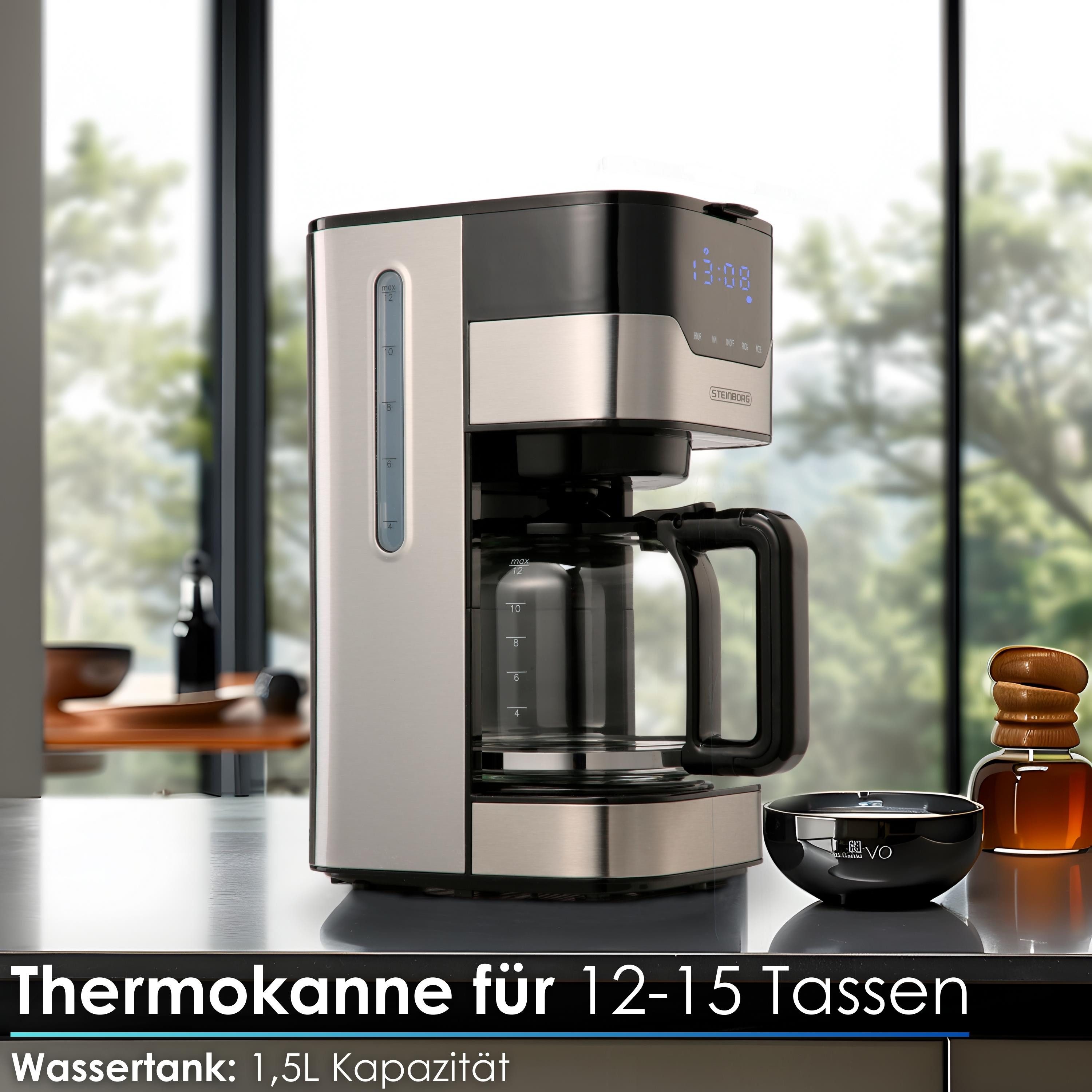 STEINBORG Filterkaffeemaschine 6050, 1.5l Kaffeekanne, Papierfilter, Timerfunktion, Tropfstopp-Funktion, Abschaltautomatik