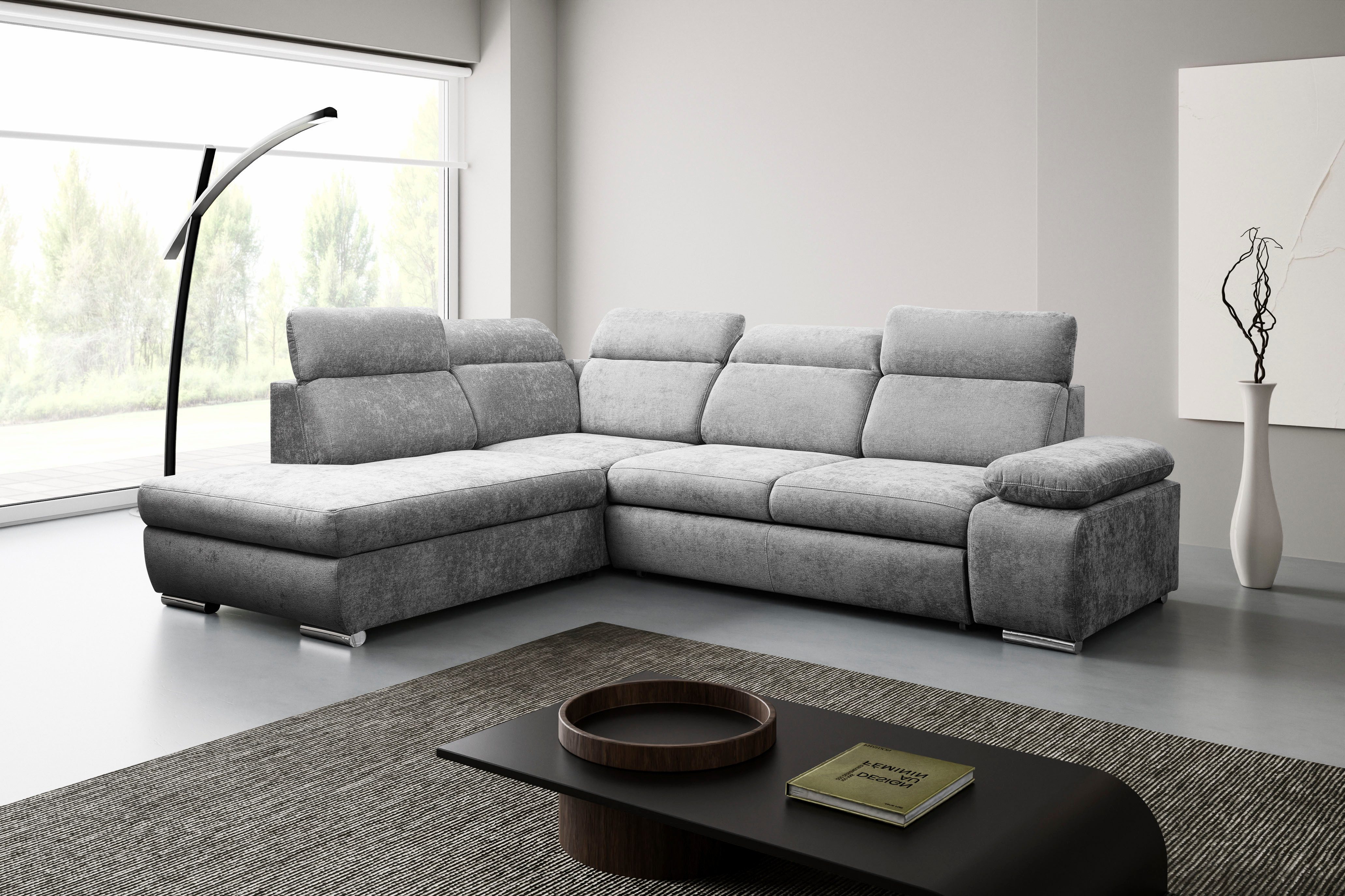 WERK2 Ecksofa Alicante 280 x 230 cm L-Form, Bett und Bettkasten, Kopfteilverstellung, Chenille, L-Form, XXL, Schlaffunktion, Bettkasten
