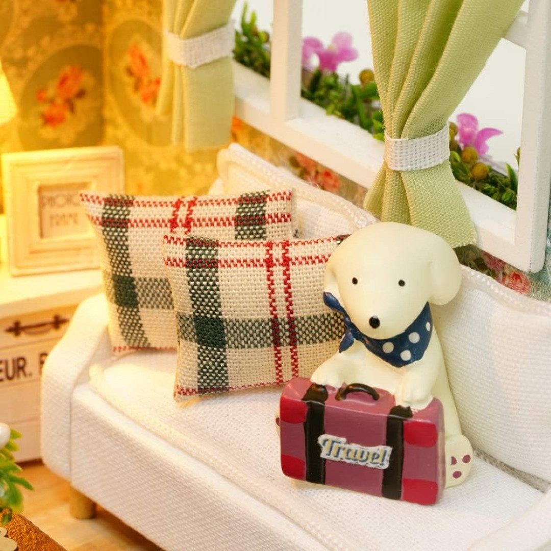 LA CUTE Puppenhaus DIY Puppenhaus Holz Miniatur Set mit Möbel LED Beleuchtung Selbstbau, (DIY Puppenhaus Zimmer zum Selbstaufbauen mit Möbel und Beleuchtung, Miniatur Puppenhaus Set mit Möbel LED Licht Zubehör zum Basteln), Realistische LED-Beleuchtung, hochwertige Möbel, einfache Montage