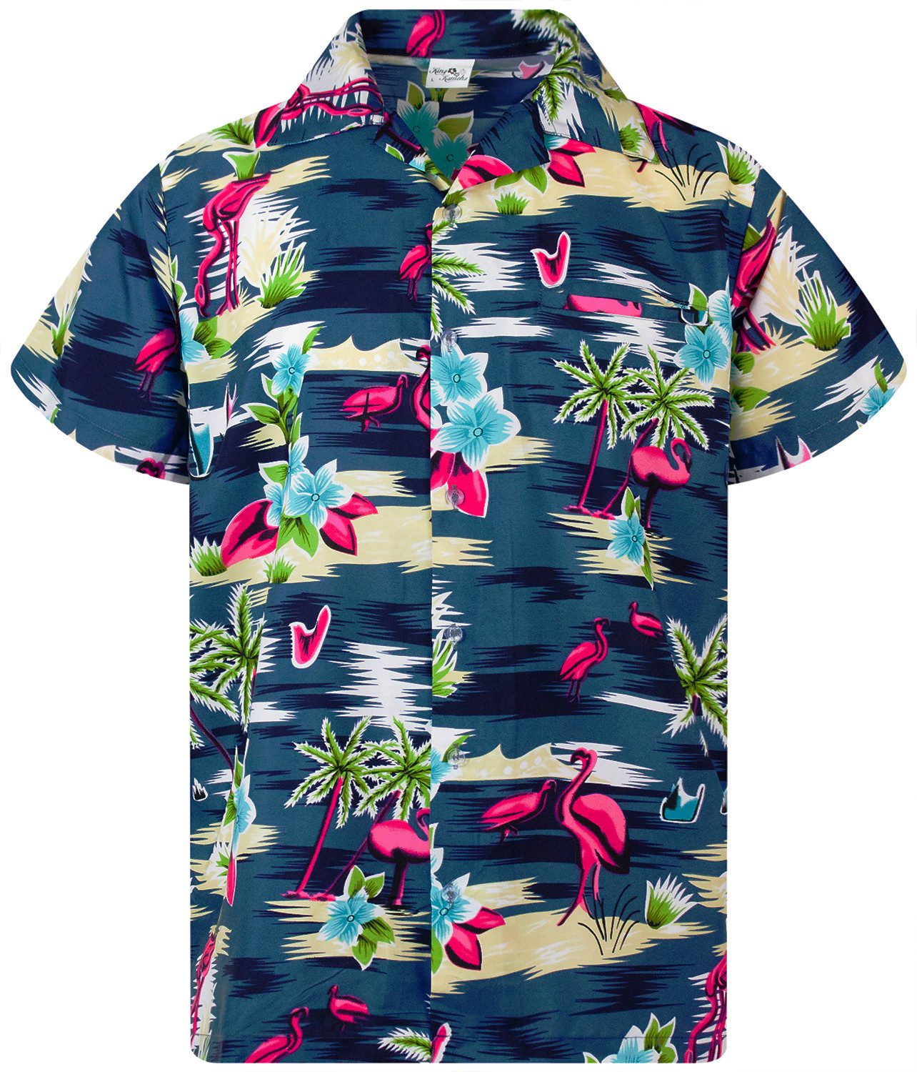 King Kameha Hawaiihemd Flamingos Funky Hawaii-Hemd Herren Kurzarm Front-Tasche Stylish Unisex