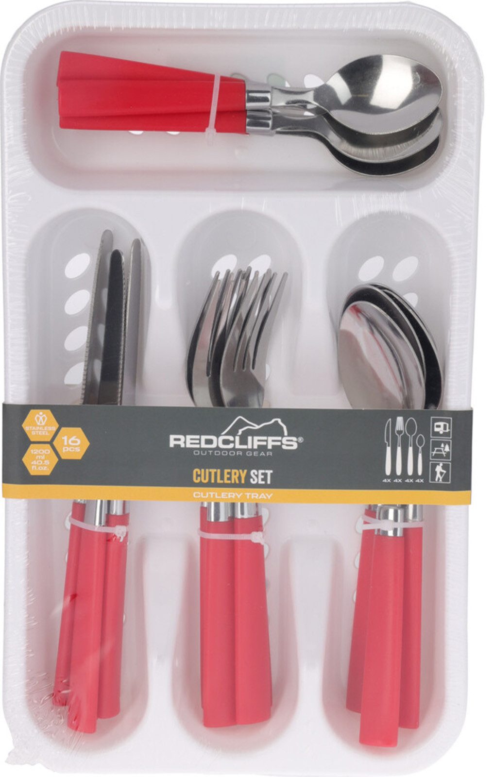 Koopman Besteck-Set Campingbesteck Reisebesteck Rot / Blau 16 Tlg. Set (16-tlg), Edelstahl, Rostfrei, Edelstahl, Rot, 16tlg, Besteckhalter