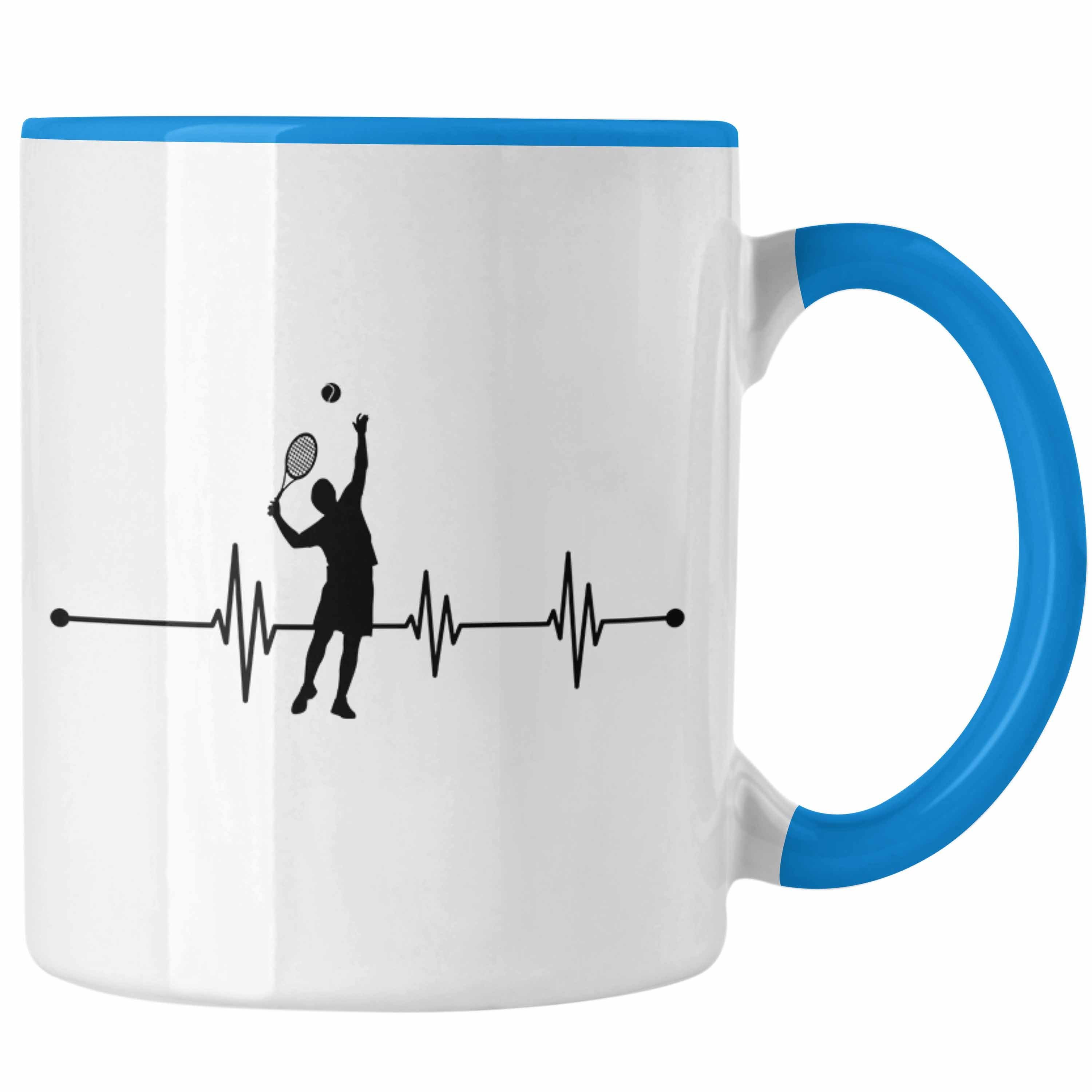 Trendation Tasse Trendation - Tennis Tasse Geschenk für Tennisspieler mit Spruch Herzschlag für Männer Frauen Tennis-Trainer Coach Blau